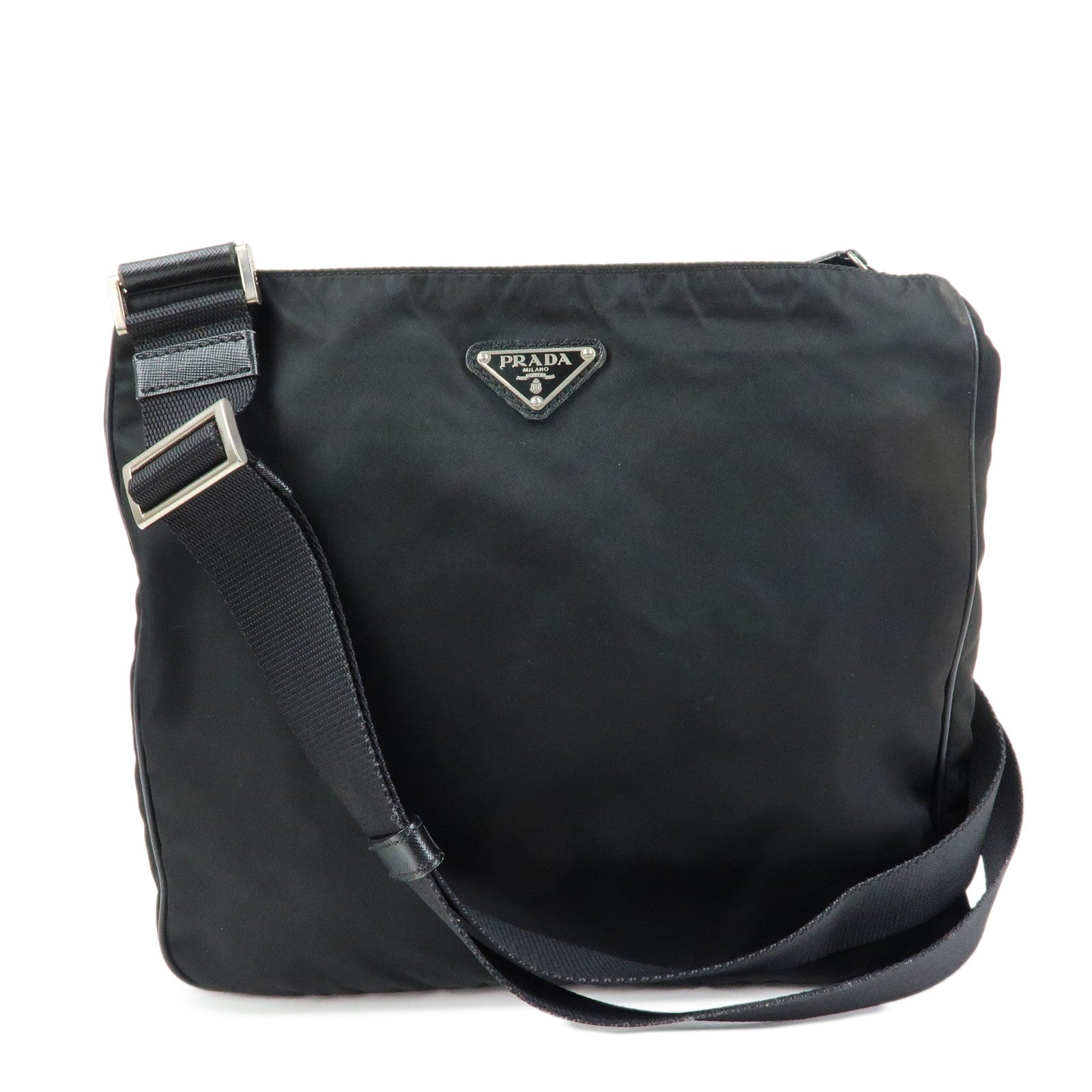 PRADA Triangle Logo Nylon Saffiano Leather Shoulder Bag Black