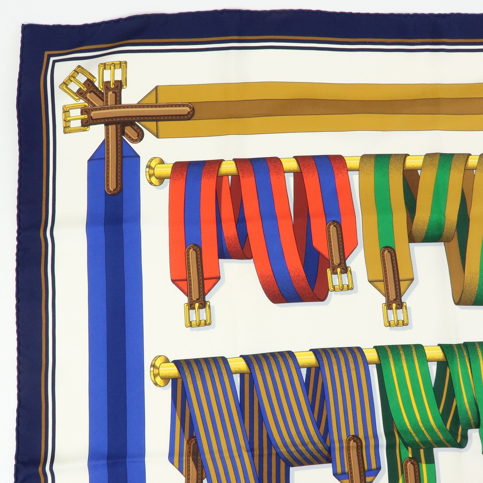 HERMES Carre 90 Silk 100% J.METZ Les Sangles Scarf Blue Green Red