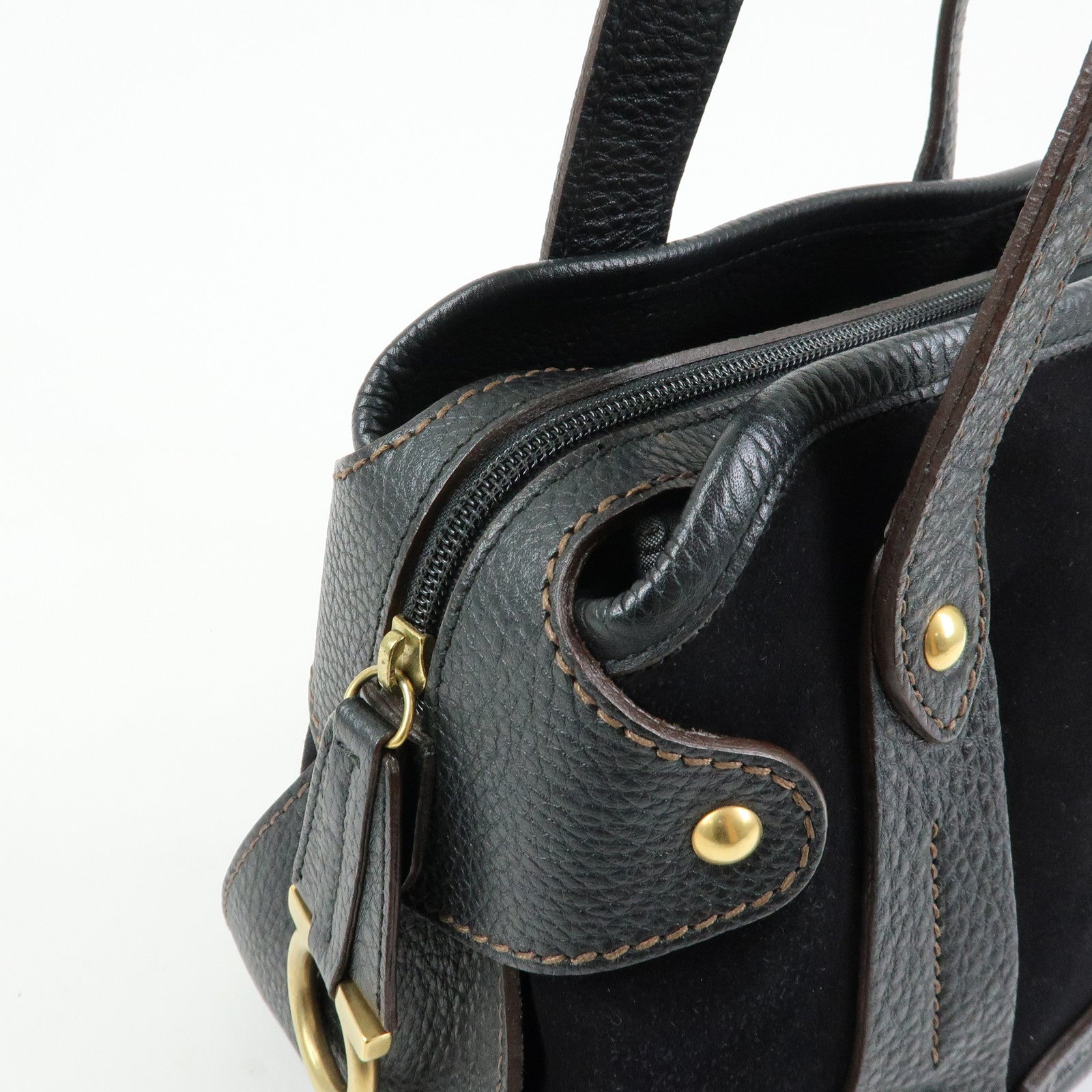 Ferragamo Gancini Suede Leather Shoulder Bag Hand Bag Black
