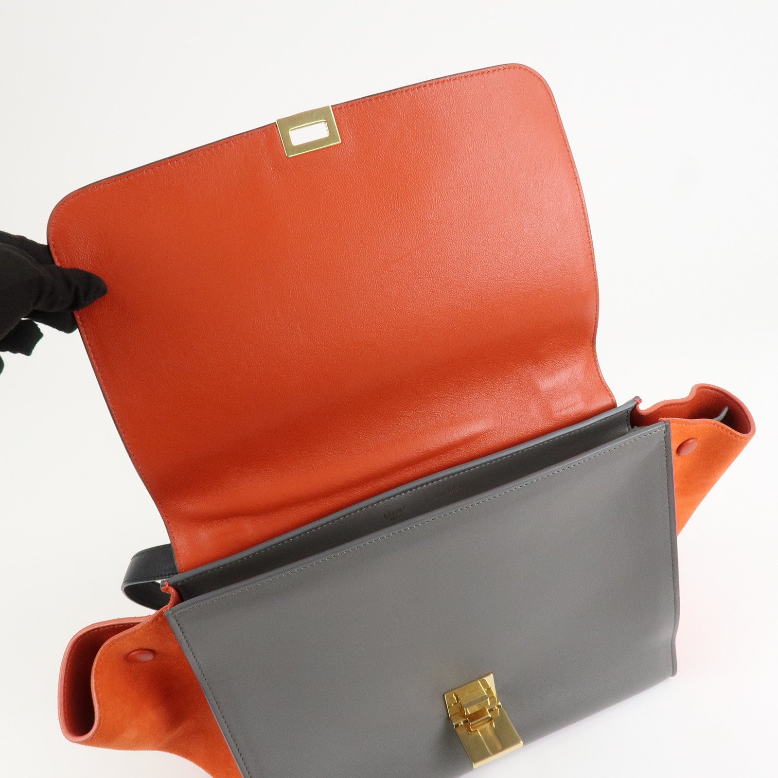 CELINE Trapeze Leather Suede 2Way Hand Shoulder Bag Black Orange