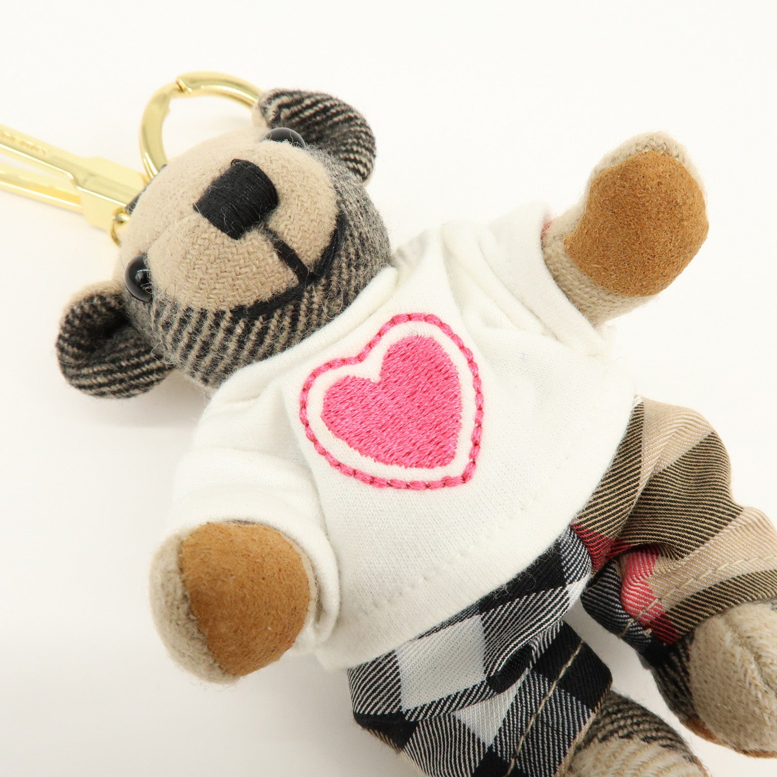 BURBERRY Nova Plaid Canvas Bear Bag Charm Key Holder Beige White