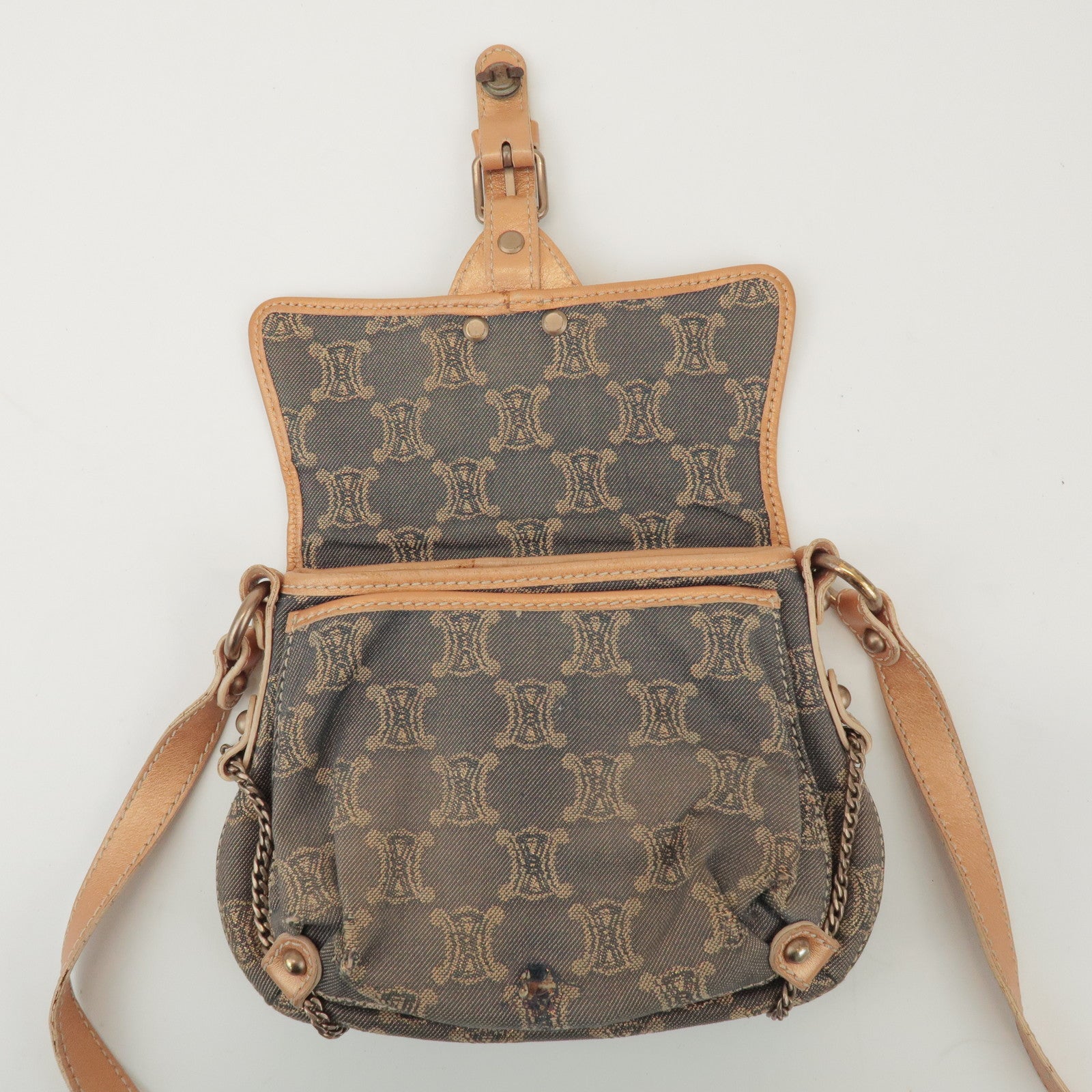 CELINE Macadam Denim Leather Shoulder Bag Metallic Pink Beige