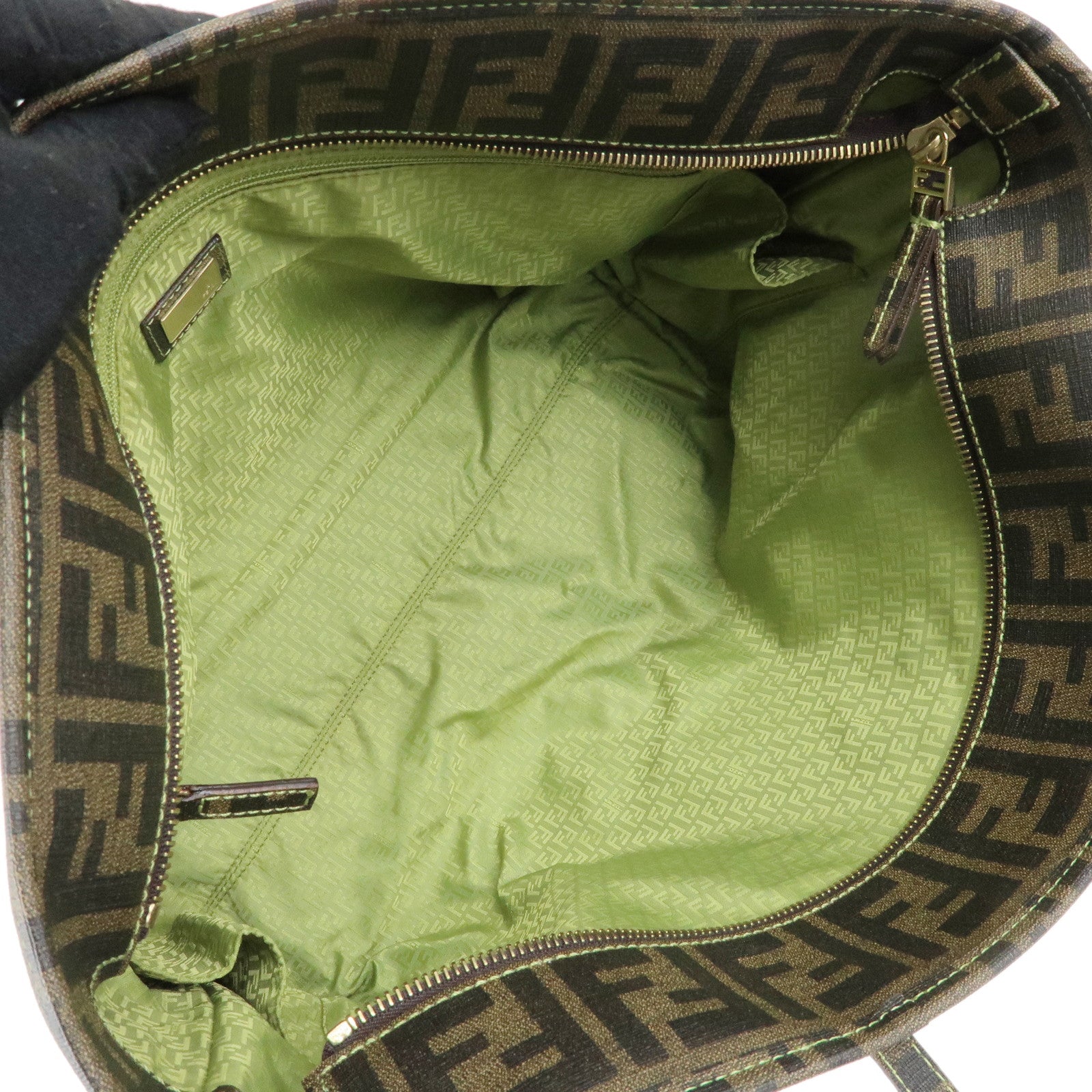 FENDI Zucca PVC Tote Bag Hand Bag Brown Light Green Stich 8BH198