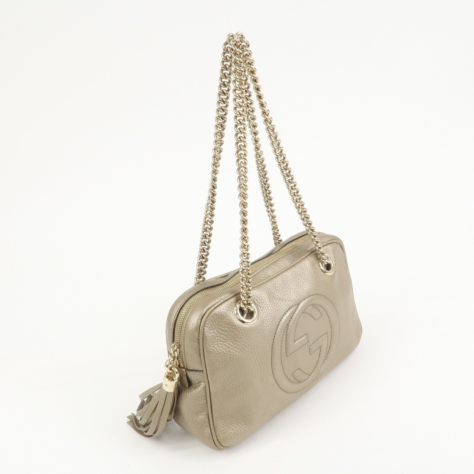 GUCCI SOHO Interlocking G Leather Shoulder Bag Metallic Brown 308983