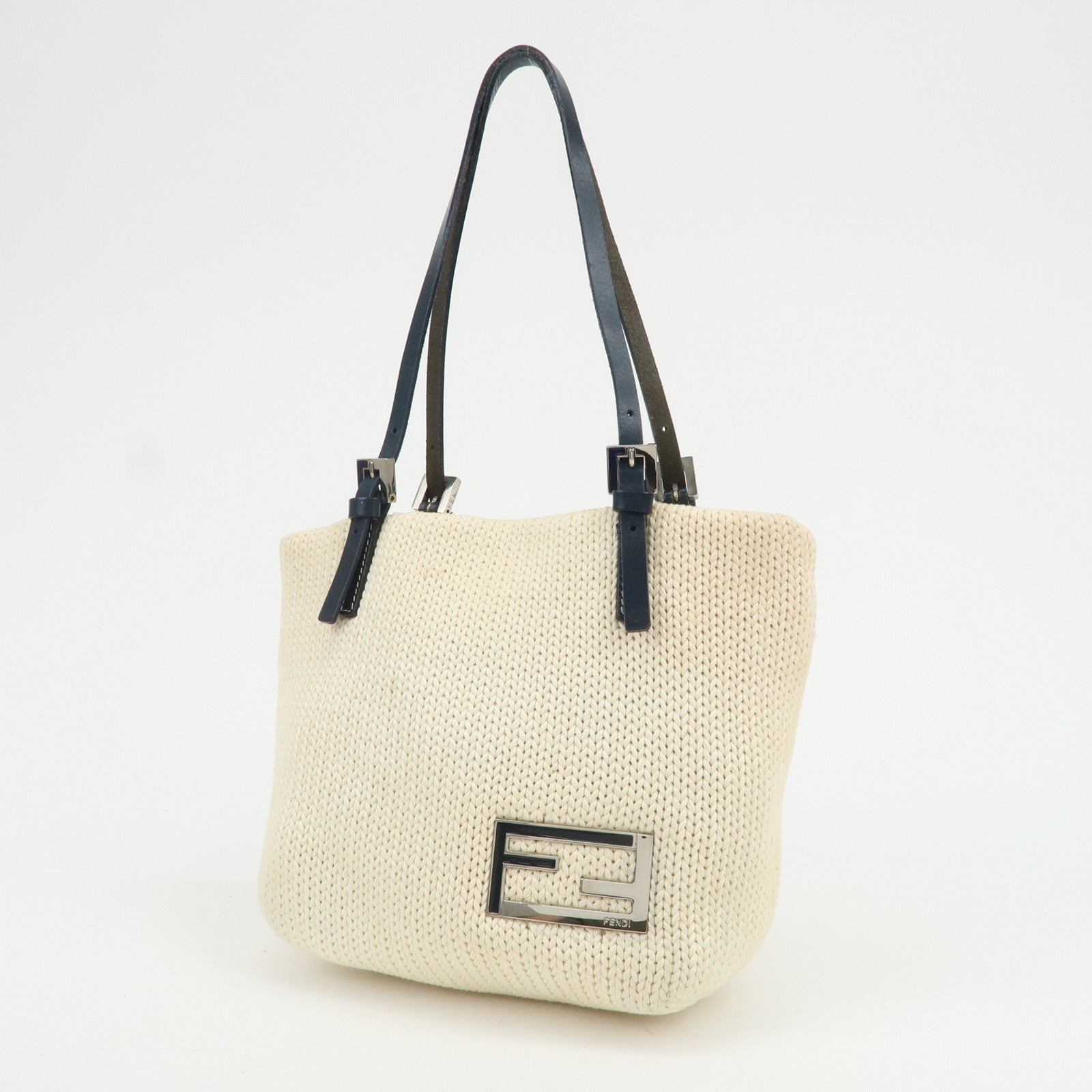 FENDI Logo Wool Leather Hand Bag Shoulder Bag Ivory Navy 26731