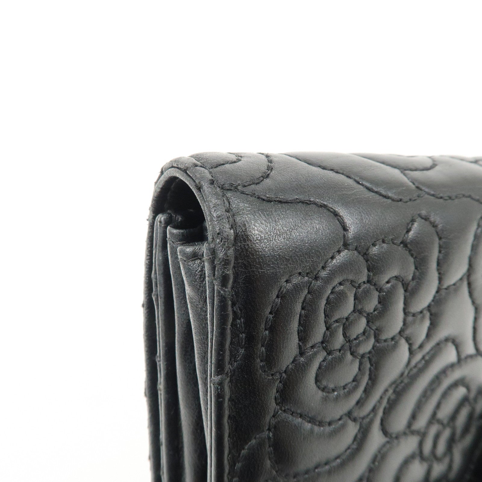 CHANEL Camelia No.5 COCO Mark Lamb Skin Bi-fold Long Wallet A70619 Used