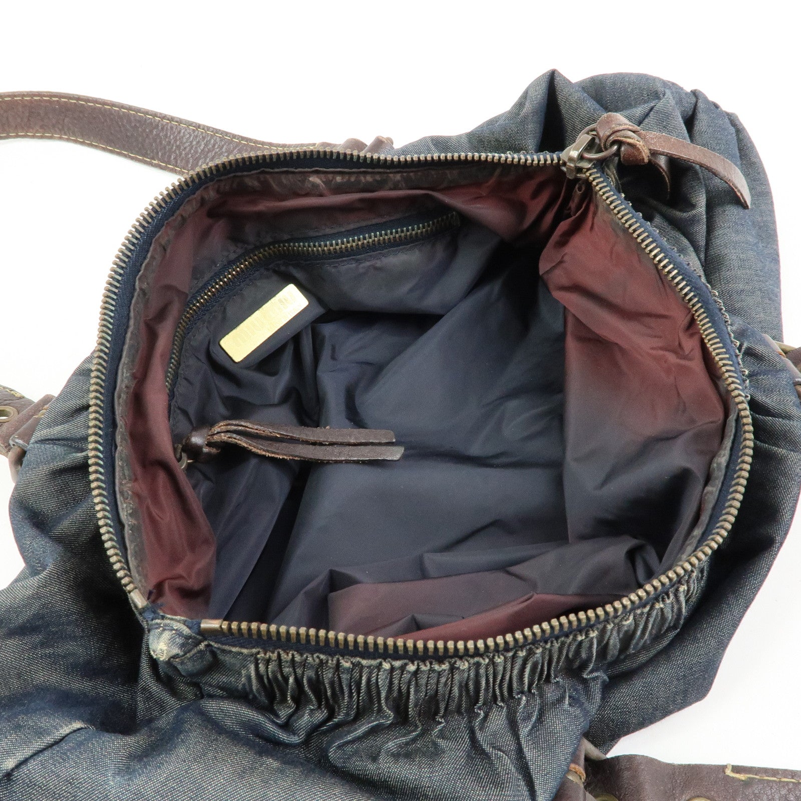 MIU MIU Denim Leather Shoulder Bag Hand Bag Indigo Blue Brown