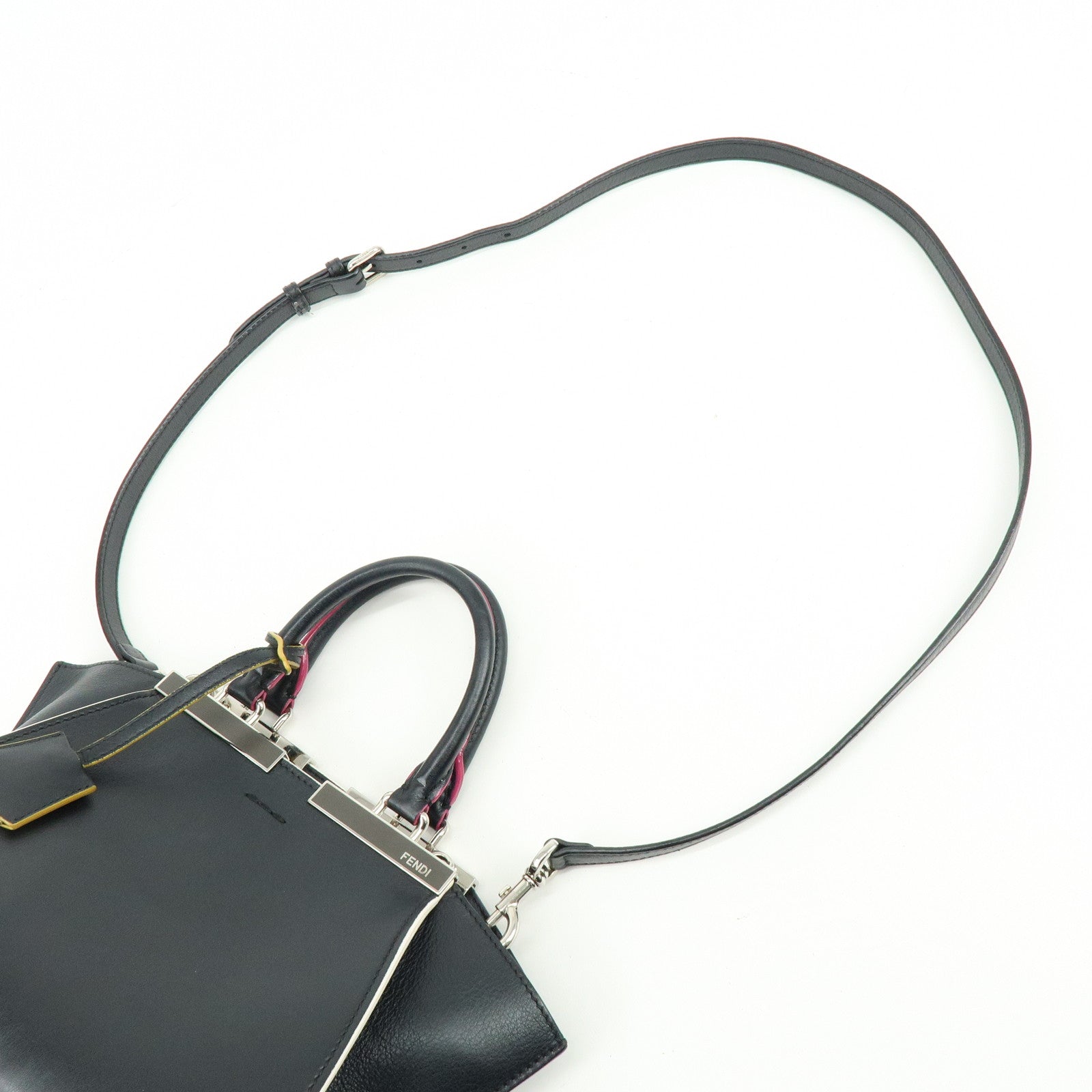 FENDI Trois Jours Leather 2Way Bag Hand Bag Shoulder Bag Black