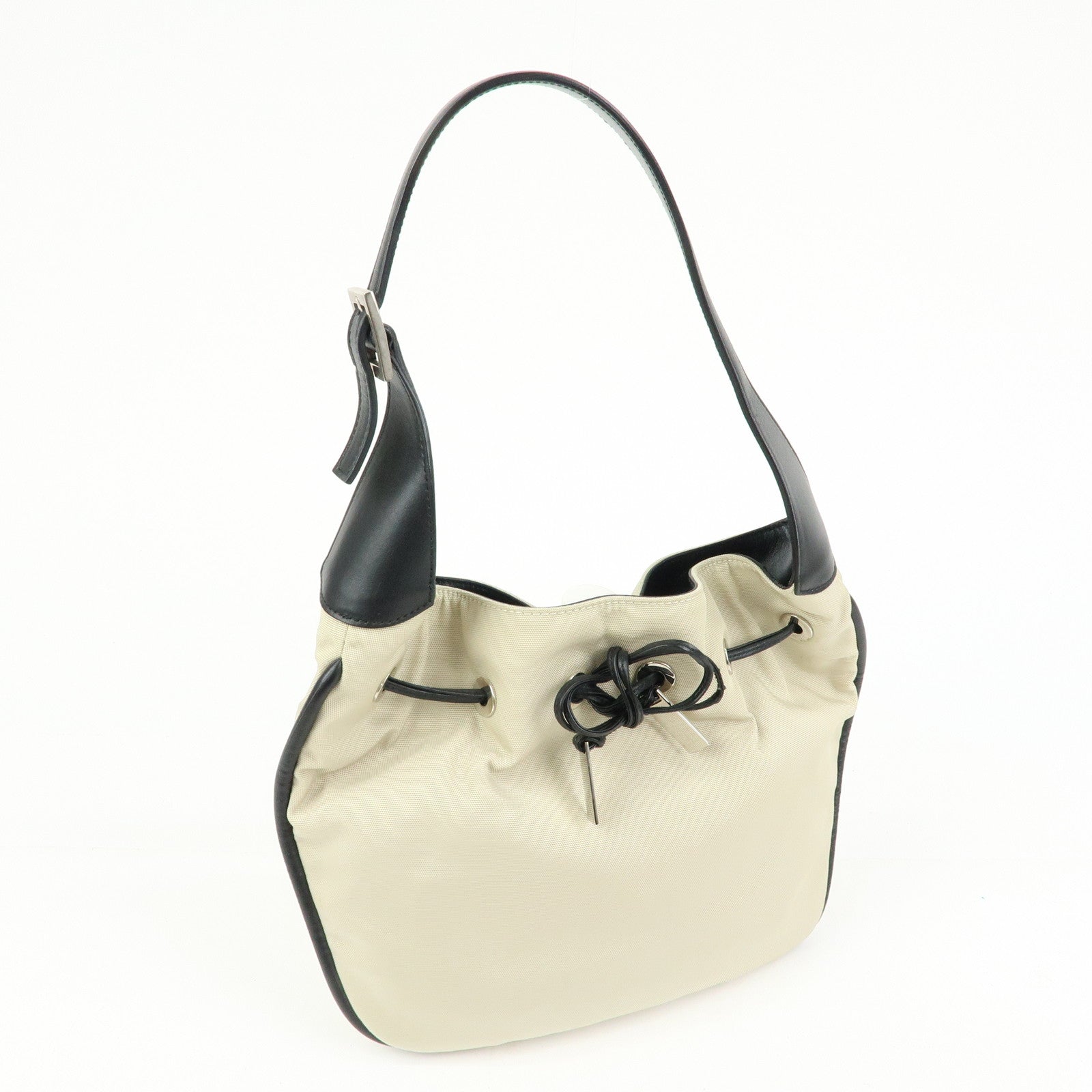GUCCI Nylon Leather Drawstring Shoulder Bag Beige Black 001.4034