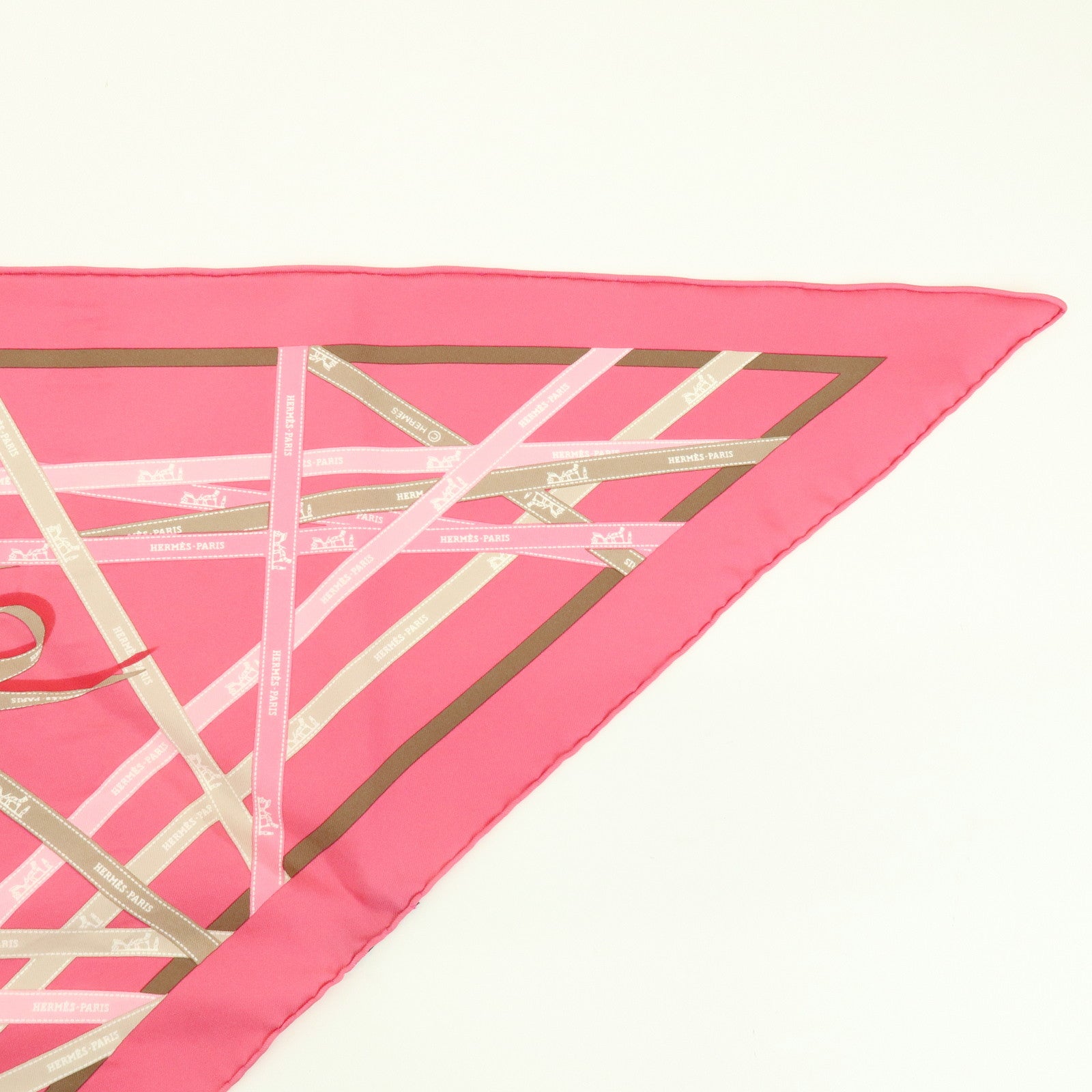 HERMES Pointu Silk 100% Scarf Ribbon Print Pink Beige