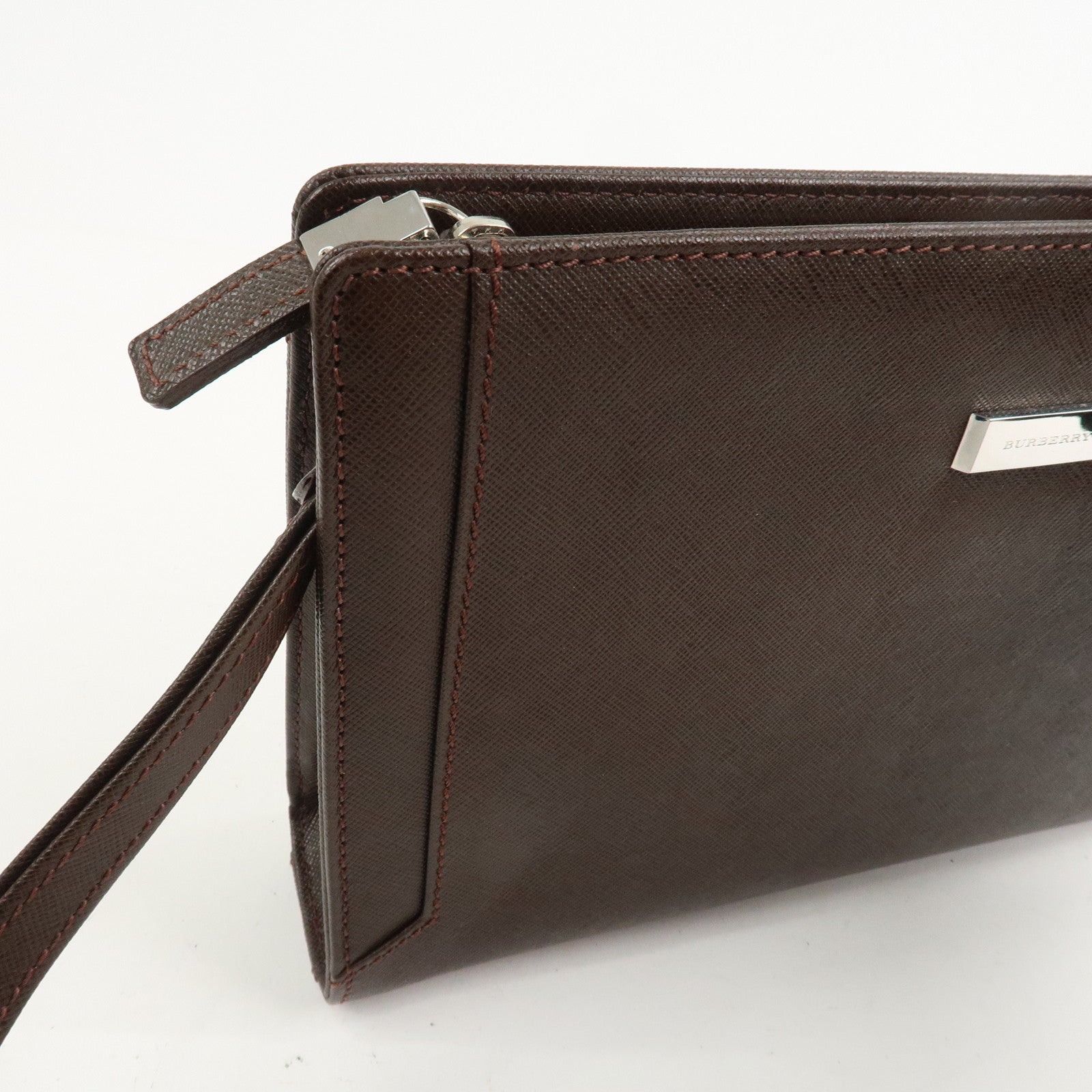 BURBERRY Leather Clutch Bag Hand Bag Pouch Brown