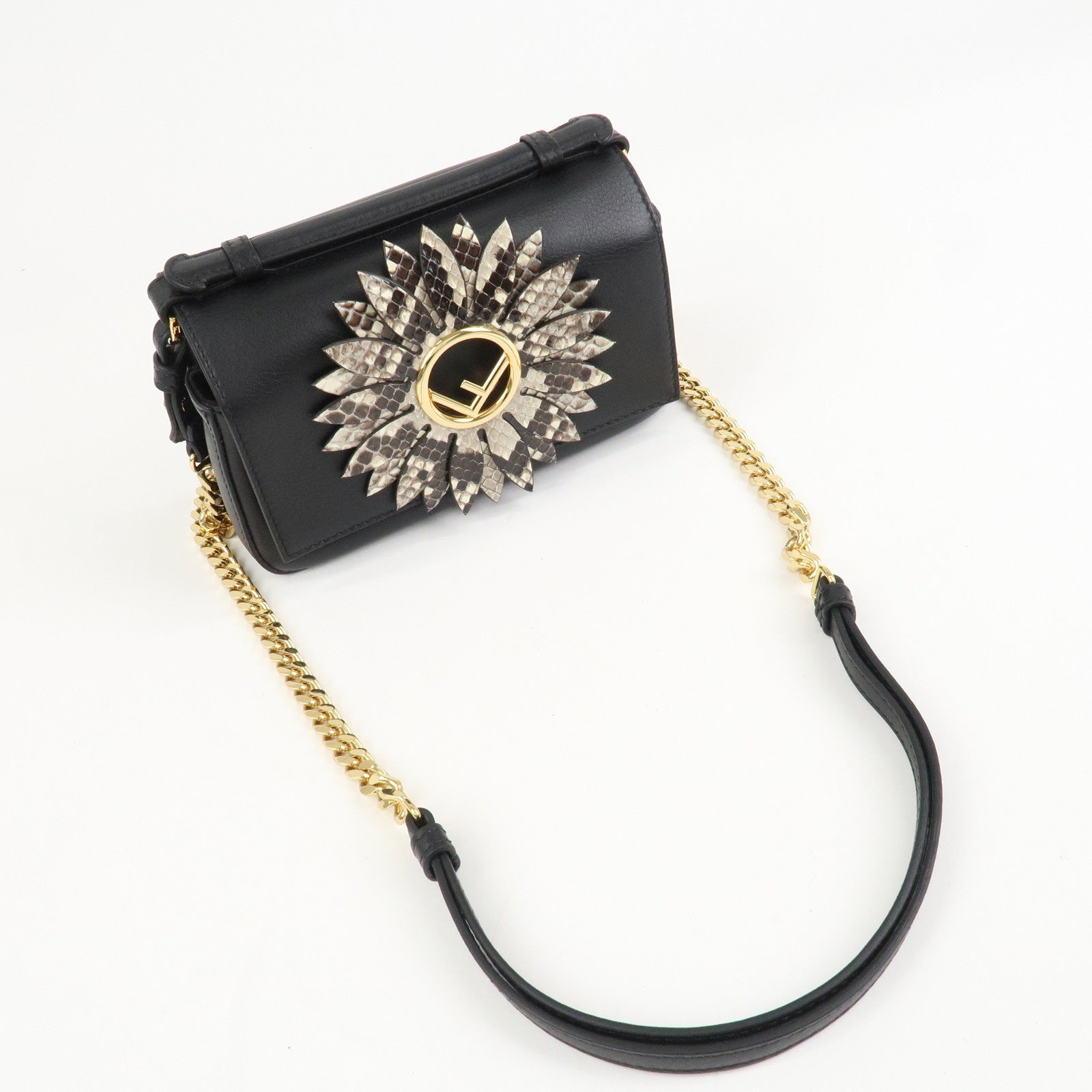 FENDI Leather Double Micro Baguette Shoulder Hand Bag Black 8M0371