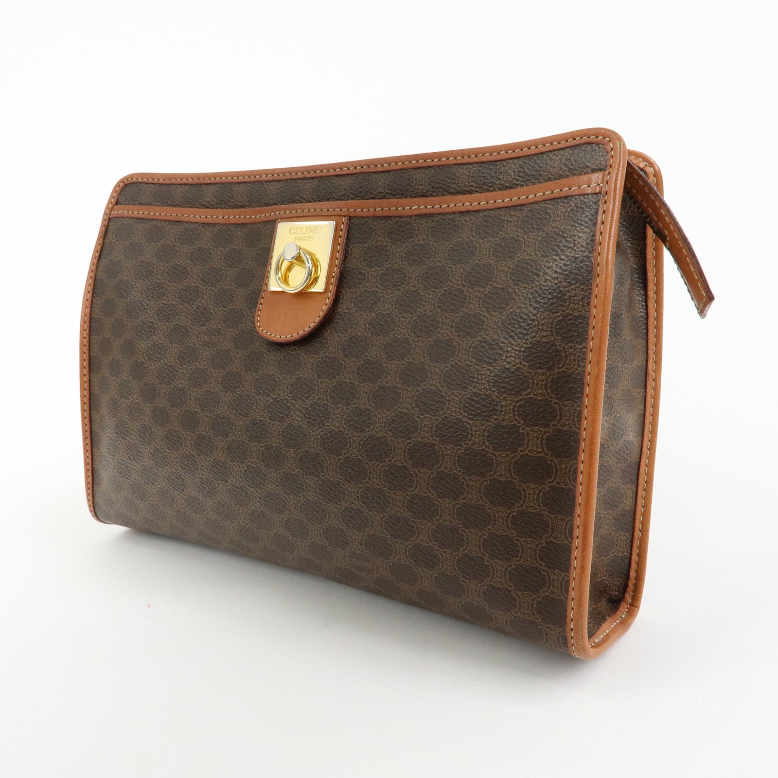 CELINE Macadam PVC Coated Canvas Leather Clutch Bag Pouch Brown