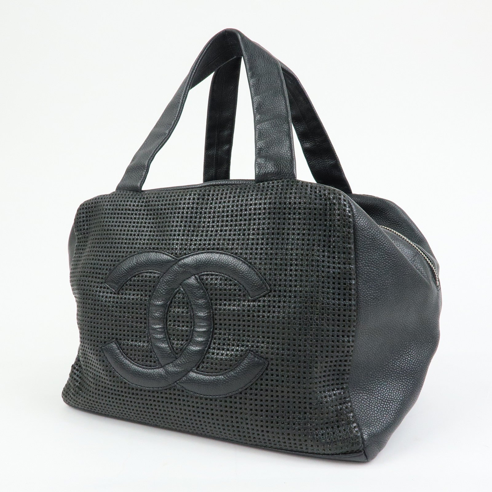 CHANEL COCO Mark Caviarskin Punching Boston Bag Hand Bag Black