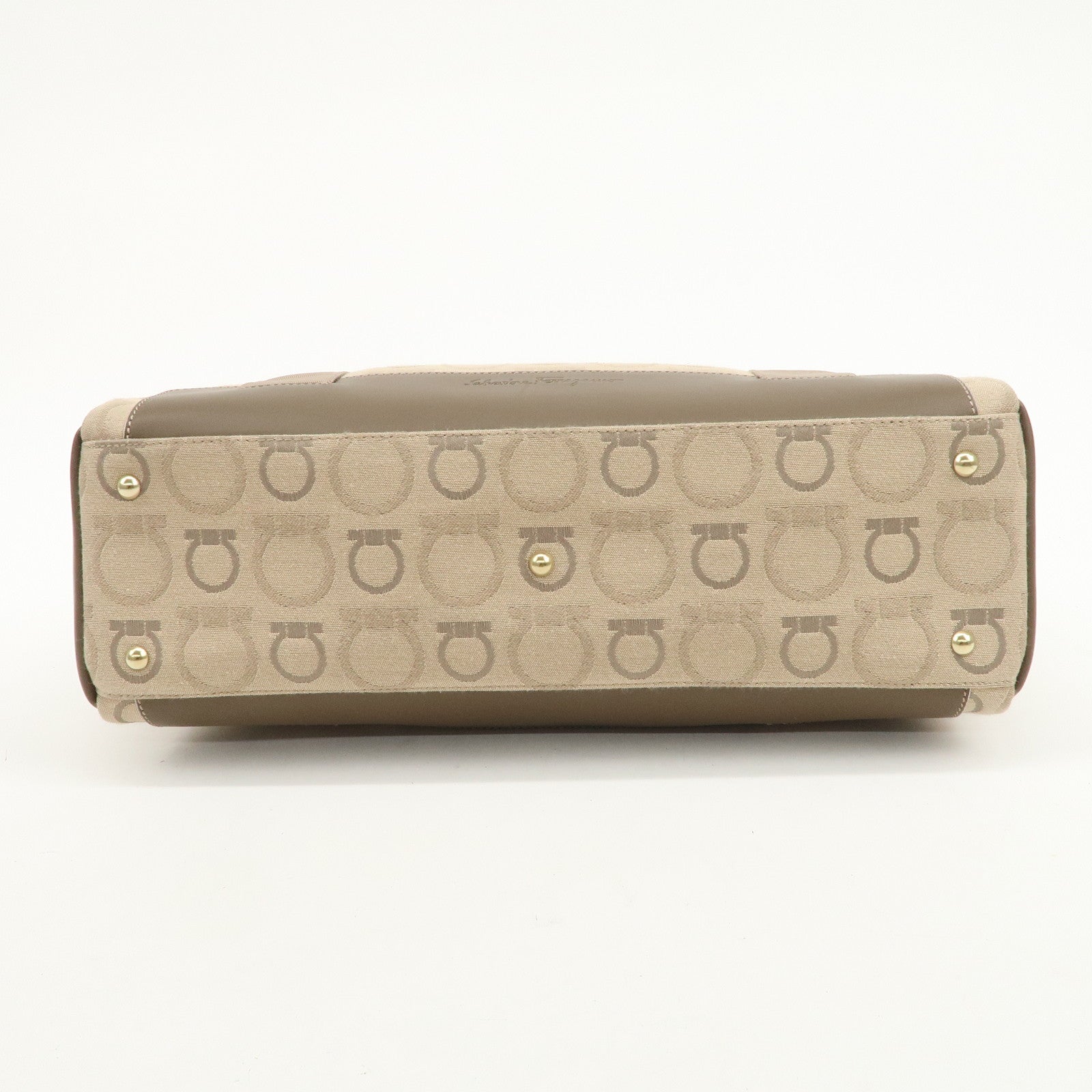 Ferragamo Gancini Canvas Leather Tote Bag Shoulder Bag Beige Brown