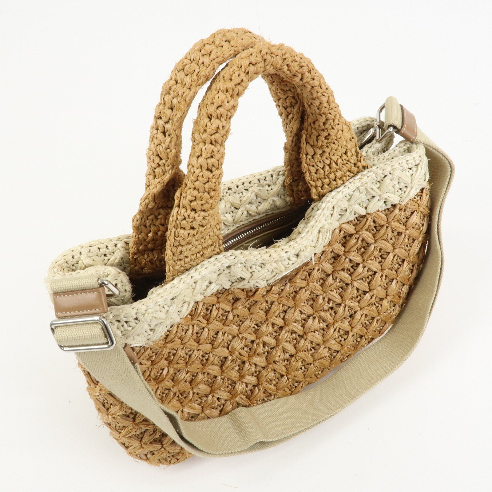 PRADA Canapa Raffia 2 Way Bag Hand Shoulder Bag Brown Ivory BN2889