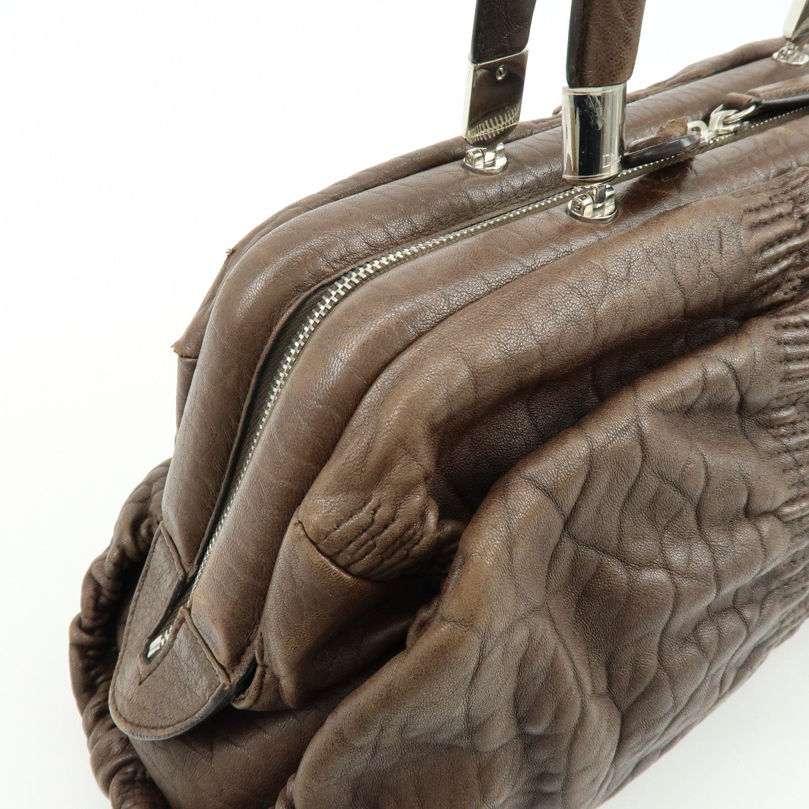 Christian Dior Embossed Gathered Leather Boston Bag Hand Bag Brown