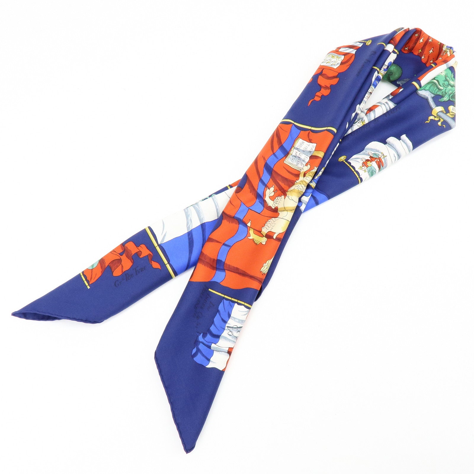 HERMES Carre 90 Silk 100% Scarf PAVOIS Ship Flag Print Navy Red