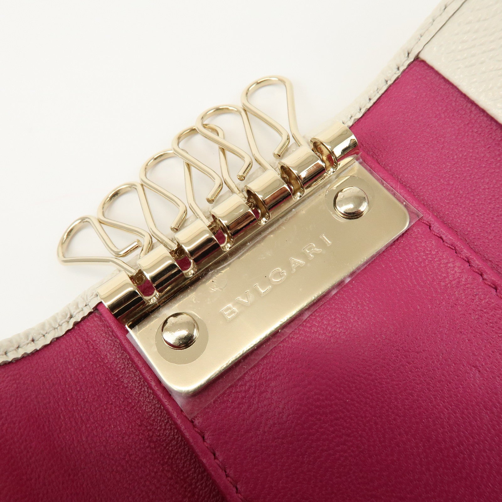 BVLGARI Logo Leather 6 Rings Key Case Key Holder Ivory