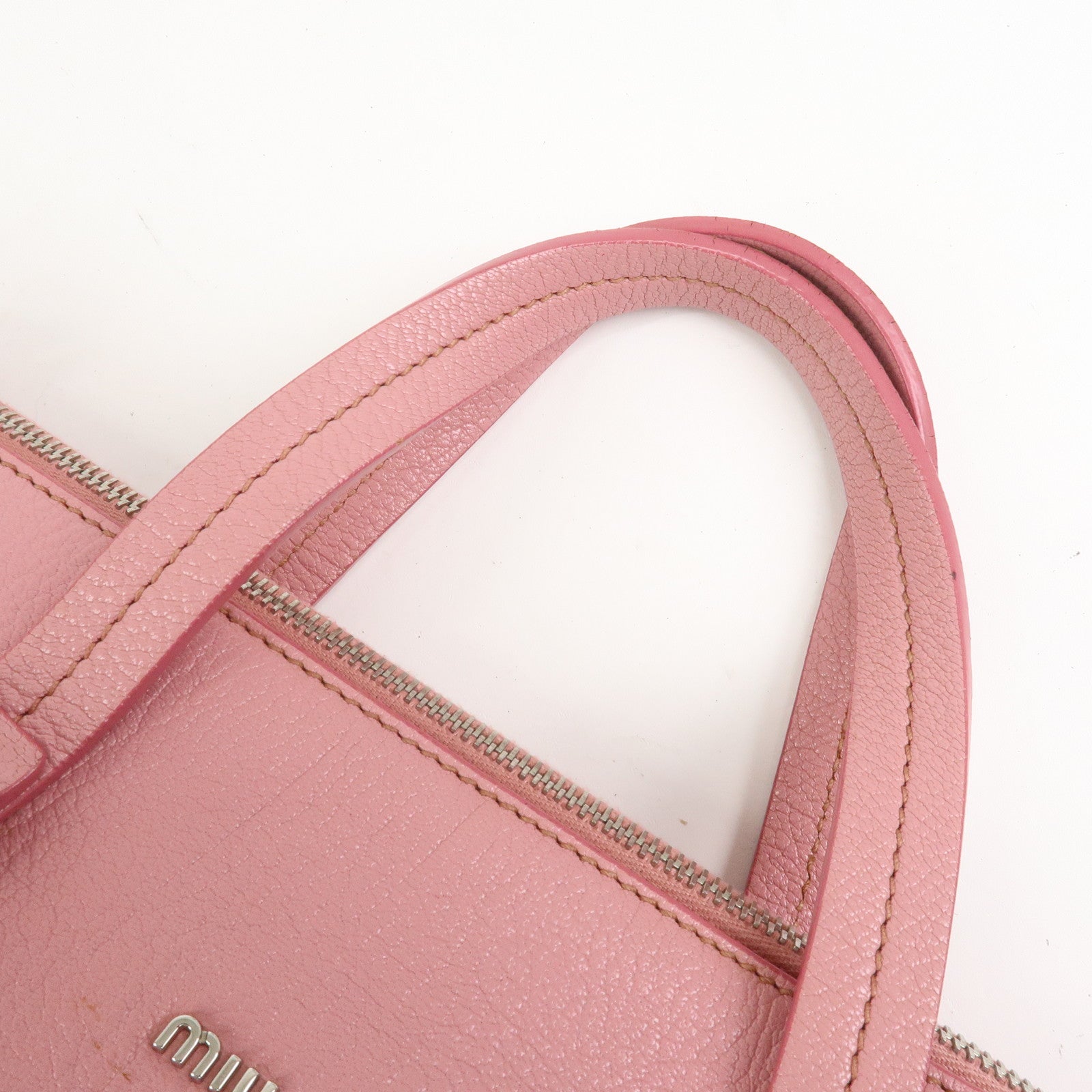 MIU MIU Logo Madras Leather Hand Bag Tote Bag Pink