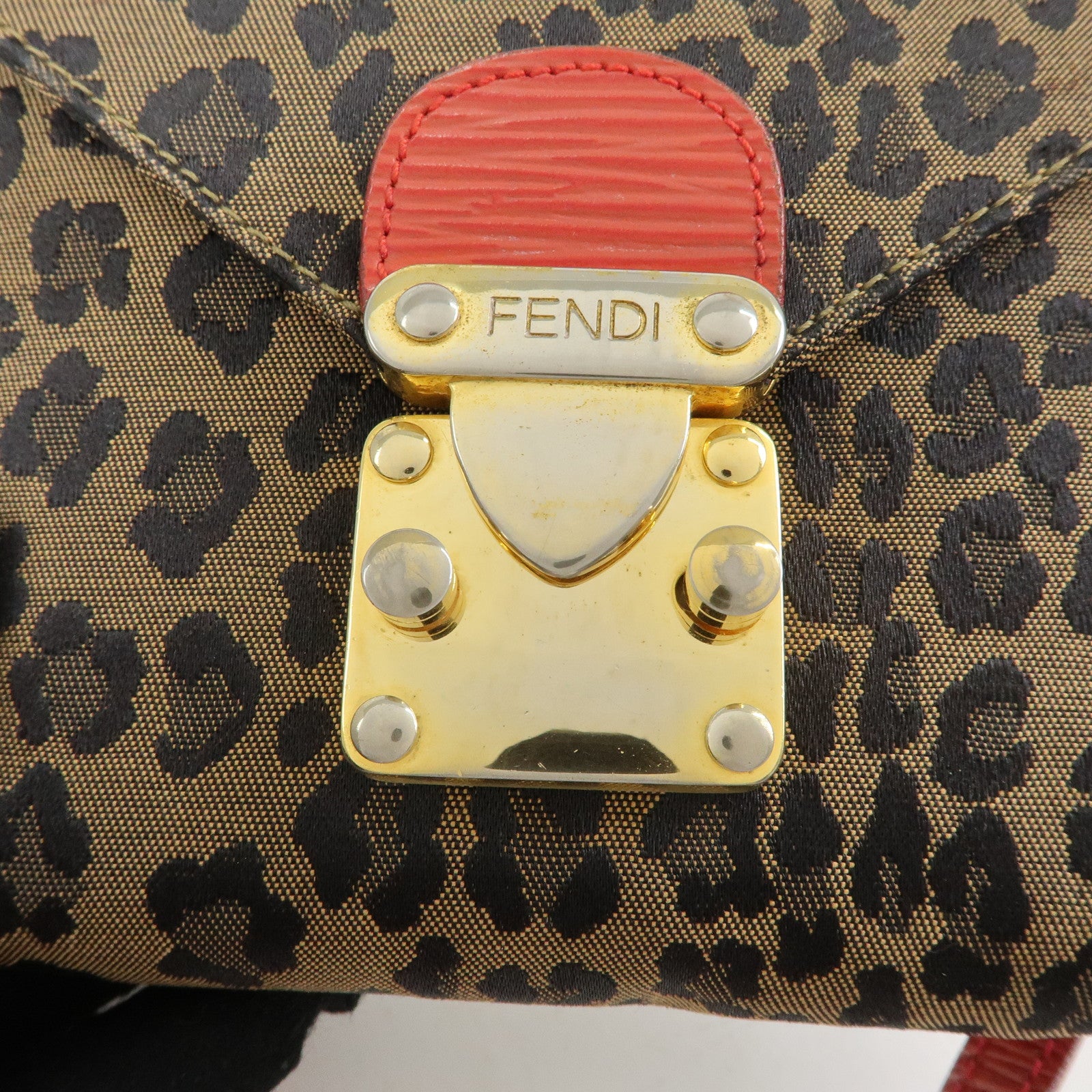 FENDI Leopard Canvas Leather 2Way Shoulder Bag Waist Bag Brown Red