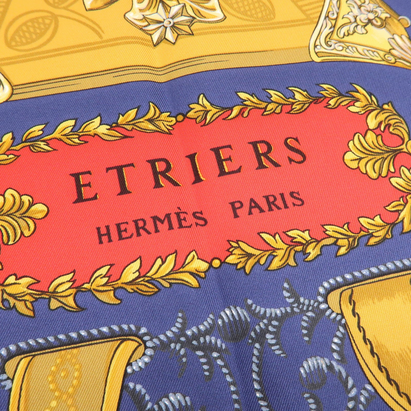 HERMES Carre 90 Silk 100% Scarf ETRIERS Gold Red Navy