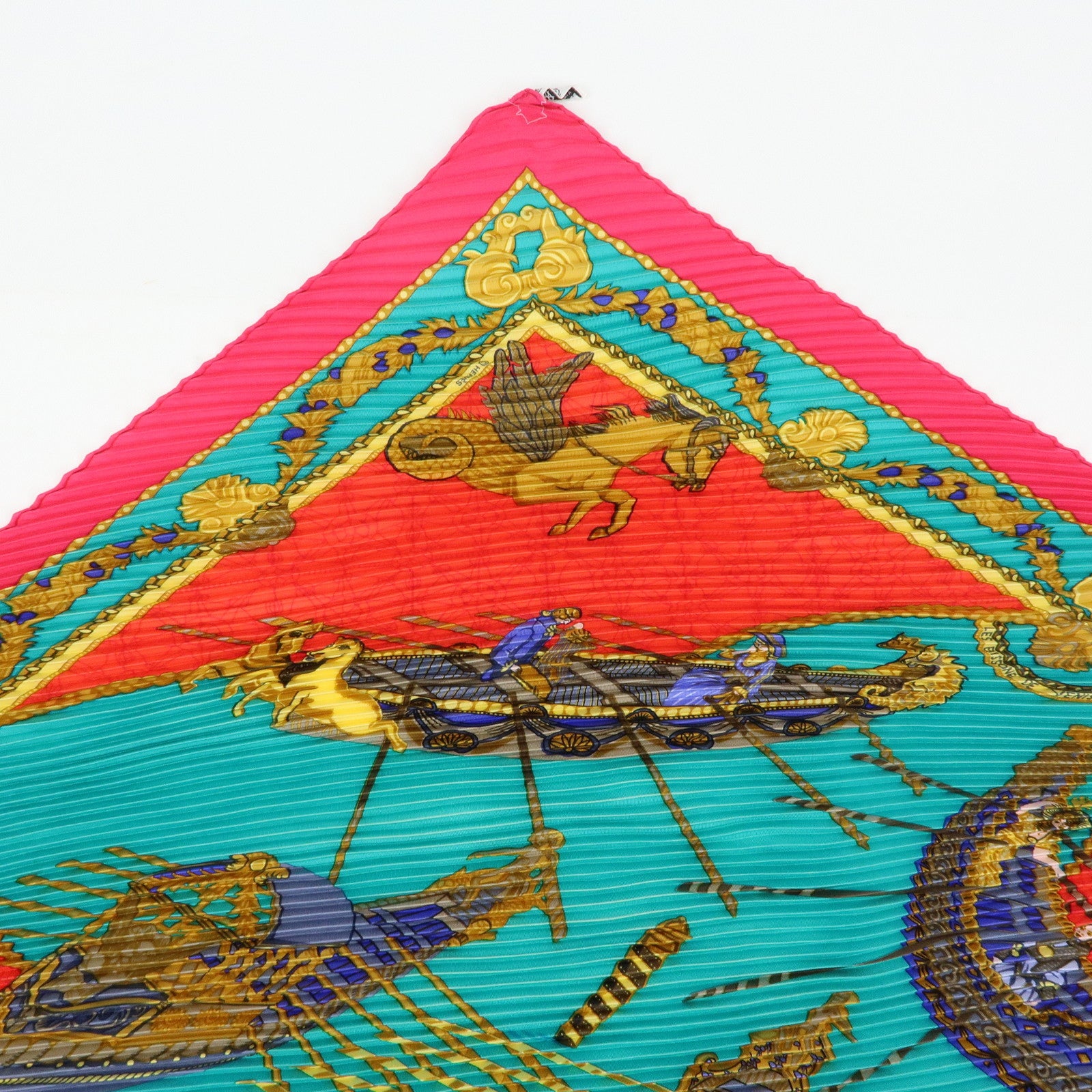 HERMES Pleated Carre 90 Set of 2 Silk 100% Scarf Green Pink
