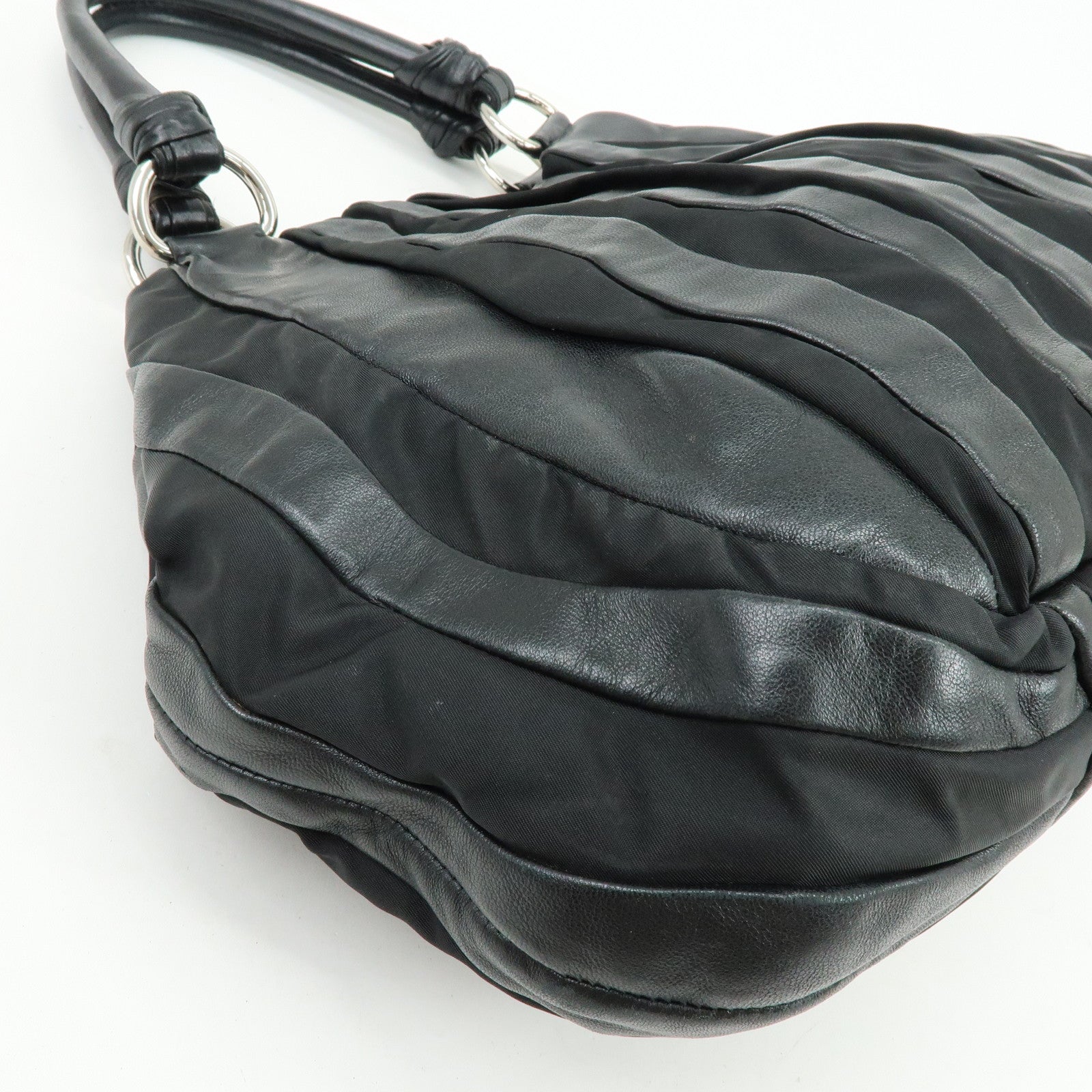 PRADA Logo Leather Nylon Tote Bag Shoulder Bag Black BR3994