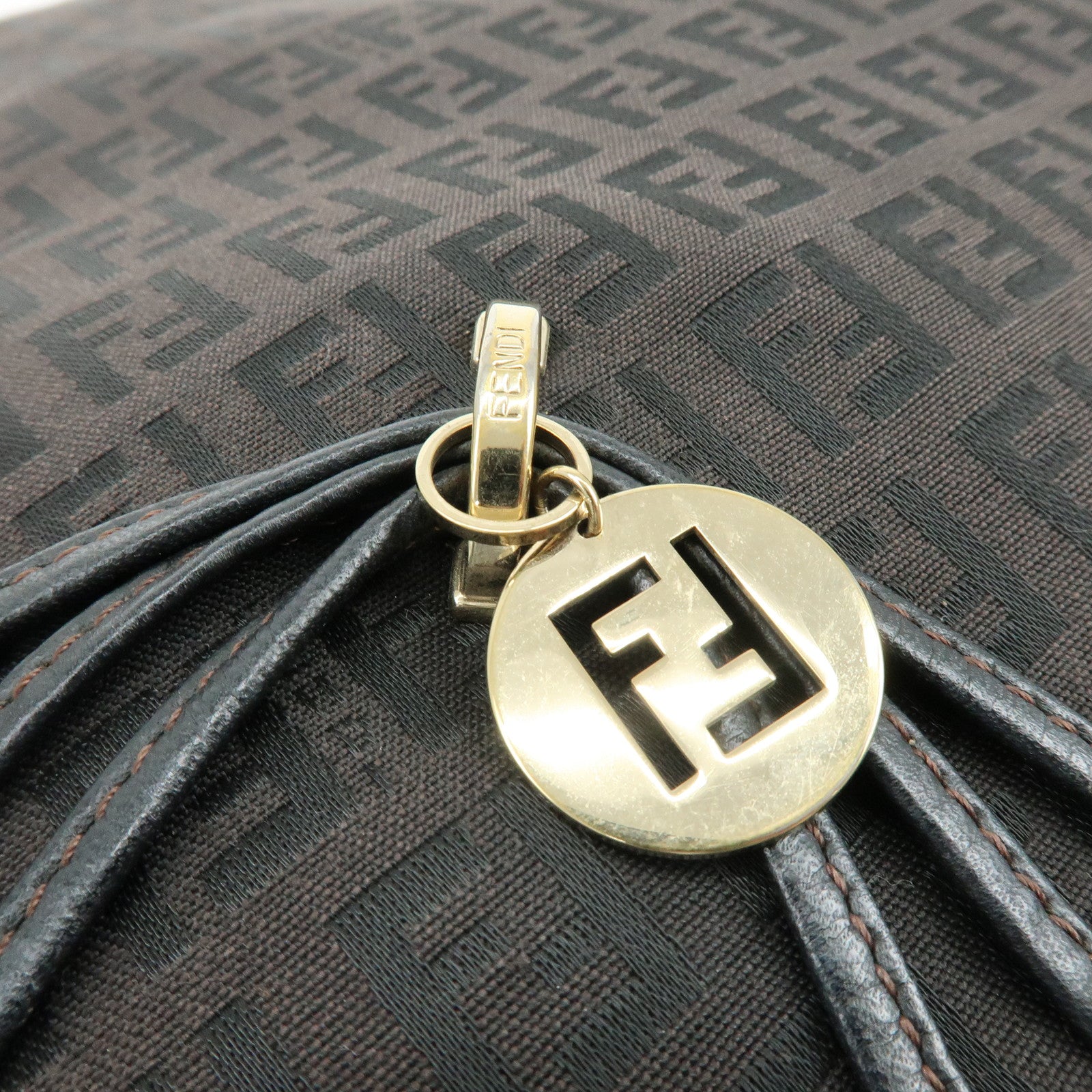 FENDI Zucchino Canvas Leather Shoulder Bag Dark Brown 8BT090