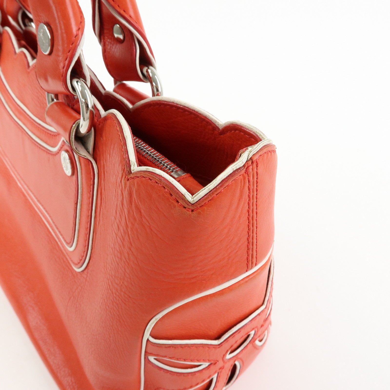 CELINE Scalloped Boogie Bag Leather Hand Bag Tote Bag Orange White