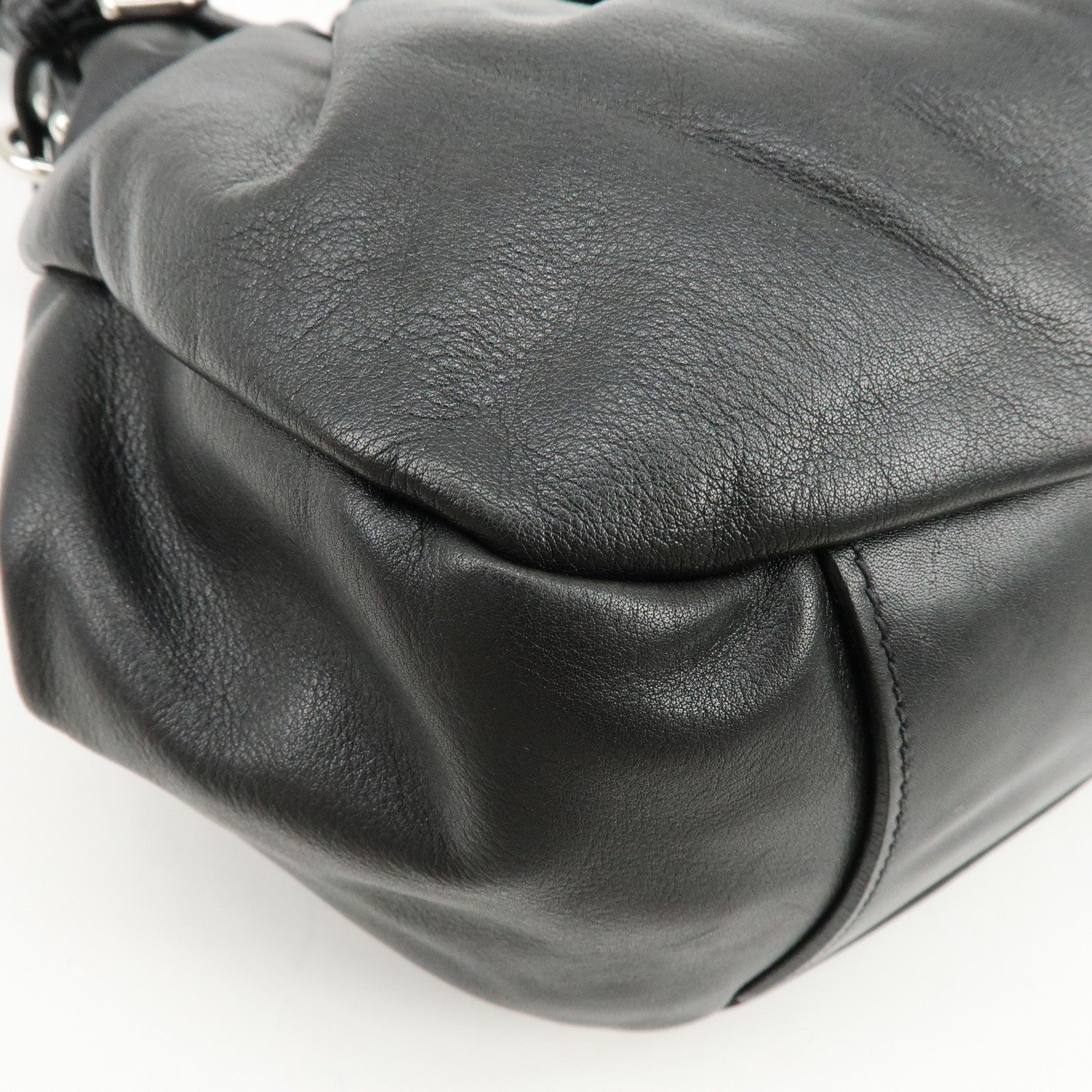 PRADA Logo Soft Calf Leather Side Belted Shoulder Bag Black BR3975