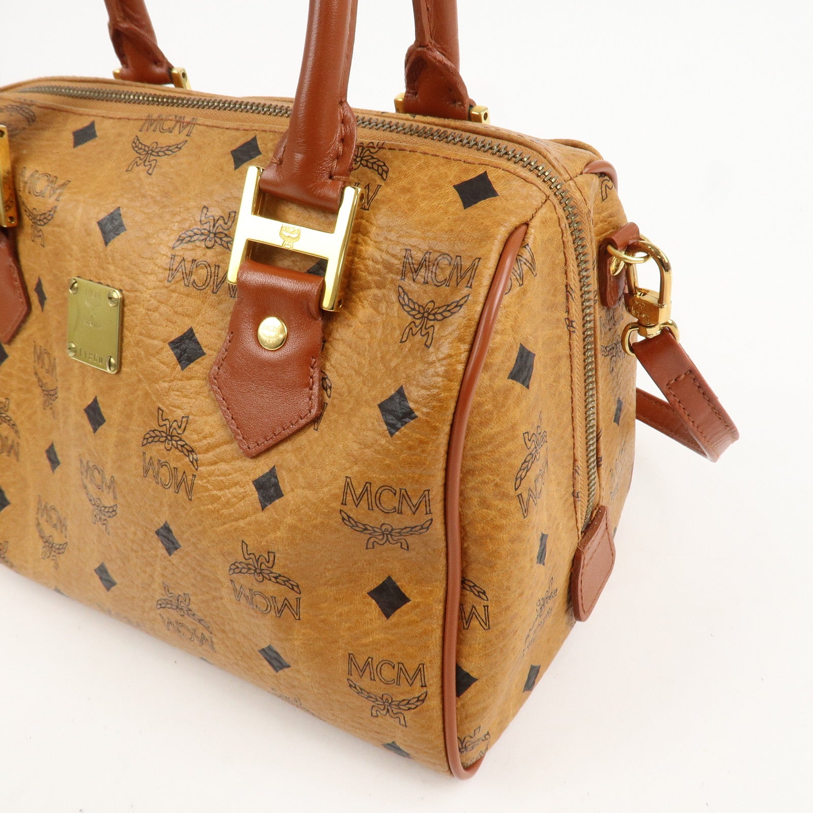 MCM Visetos Leather 2Way Bag Boston Bag Cognac
