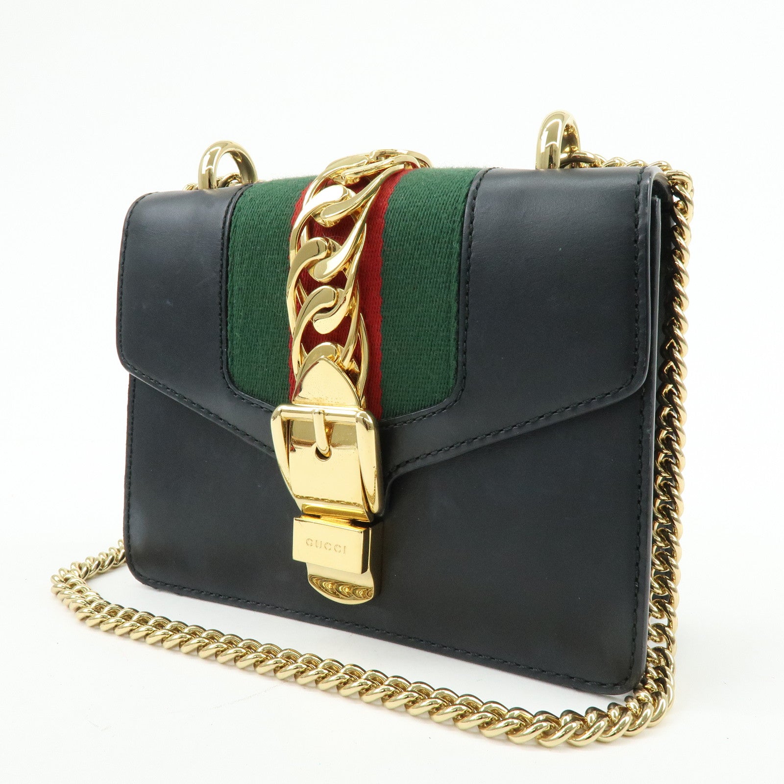 GUCCI Sylvie Sherry Leather Chain Shoulder Bag Black 431666