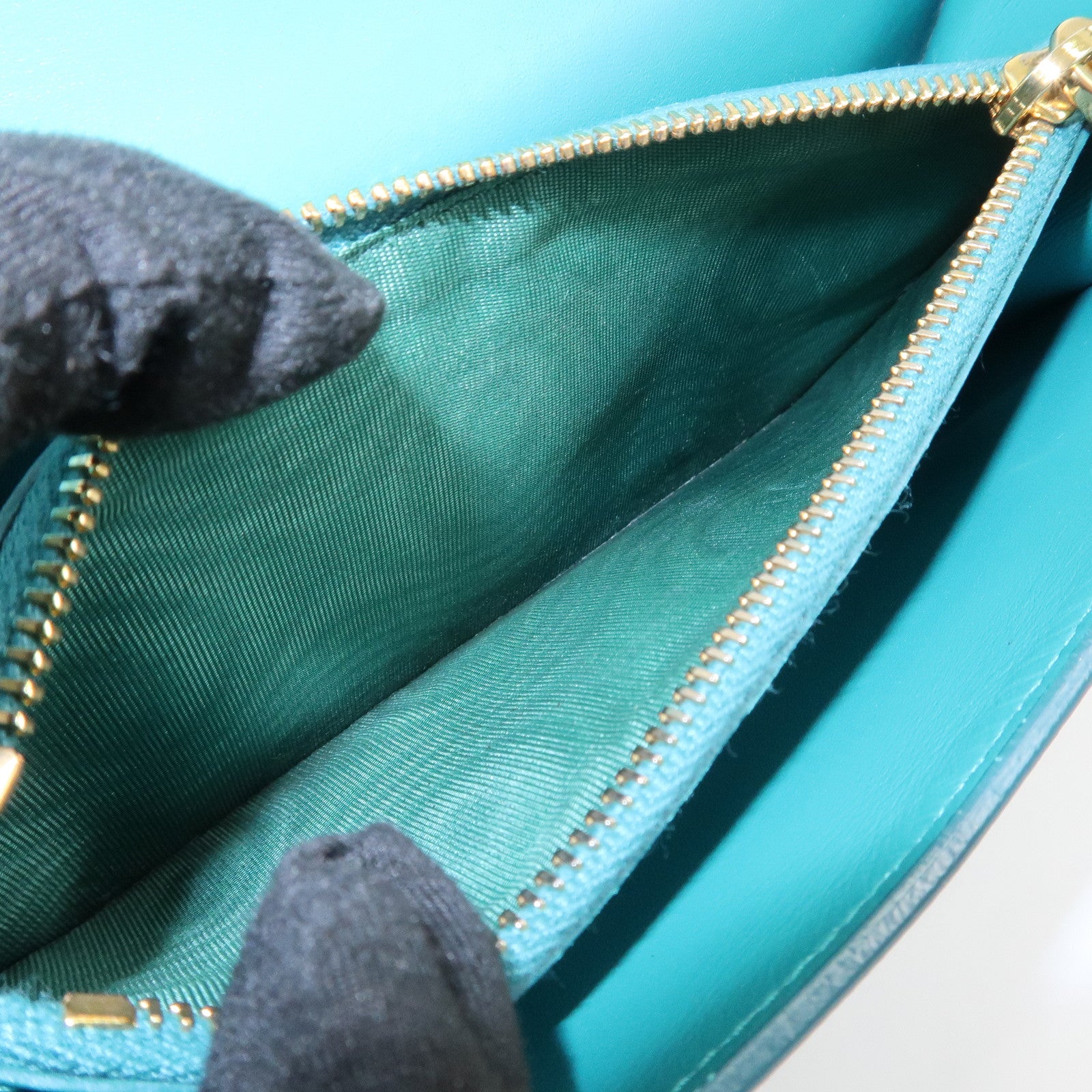 PRADA Triangle Logo Patent Leather Bi-Fold Long Wallet Green
