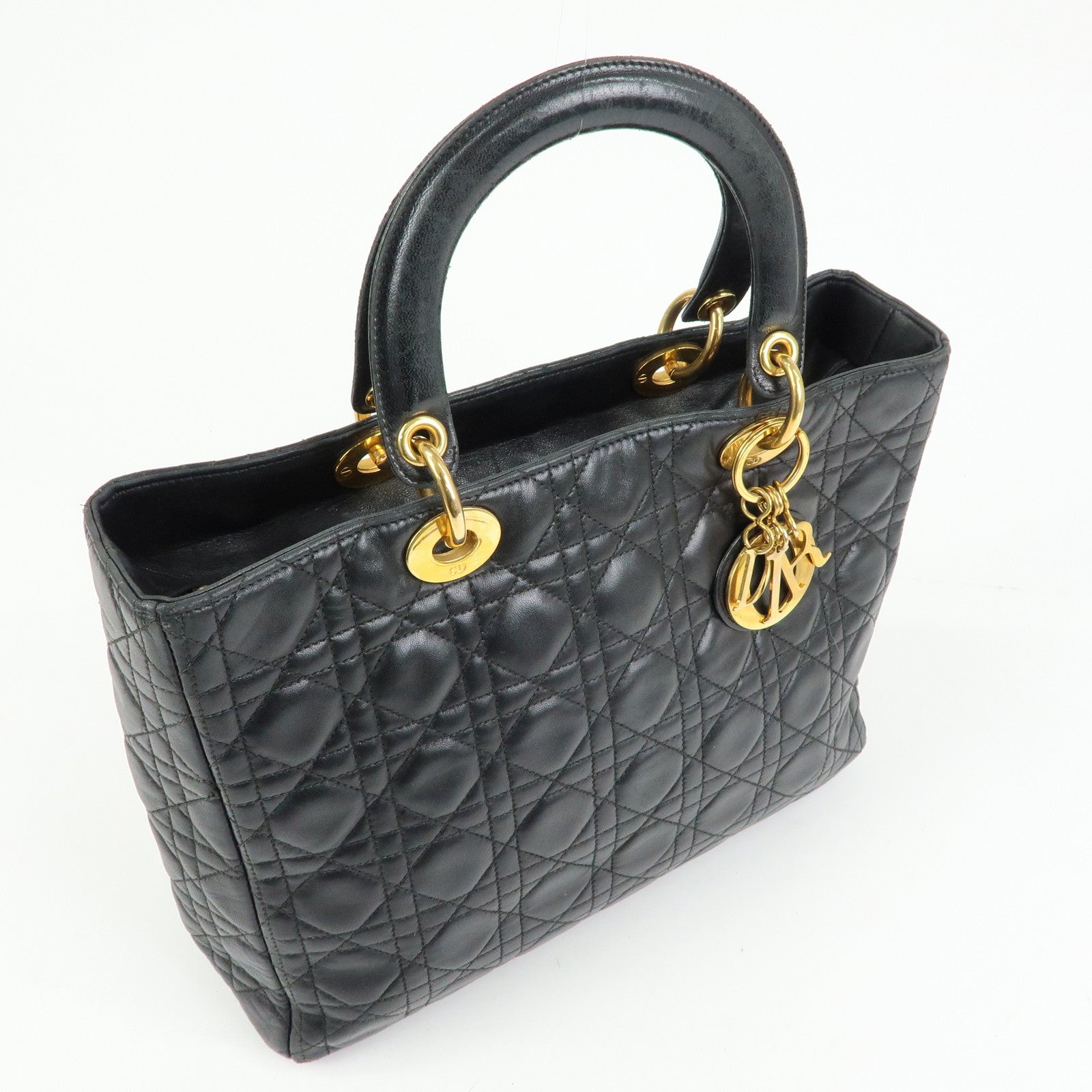 Christian Dior Canage Lady Dior Lamb Skin Hand Bag Black