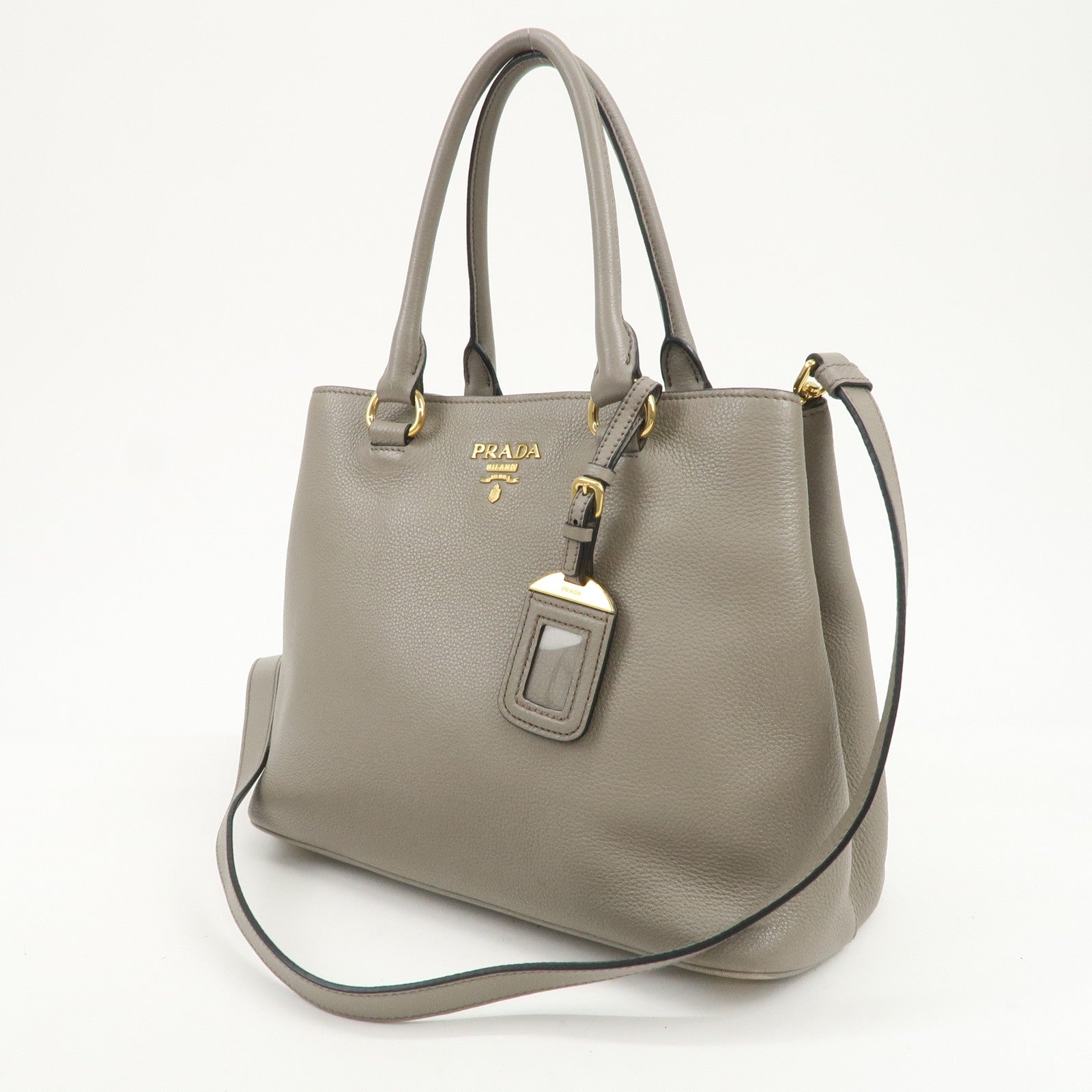 PRADA Logo Leather 2Way Bag Hand Bag Shoulder Bag Gray 1BA058