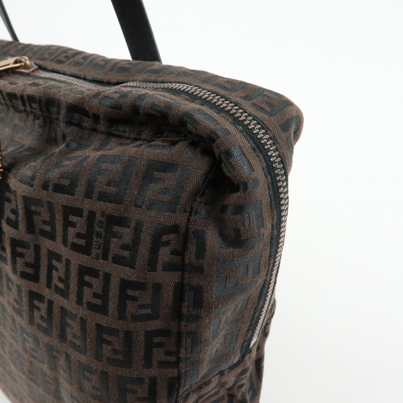 FENDI Zucchino Canvas Leather Tote Shoulder Boston Bag Brown 8BH031