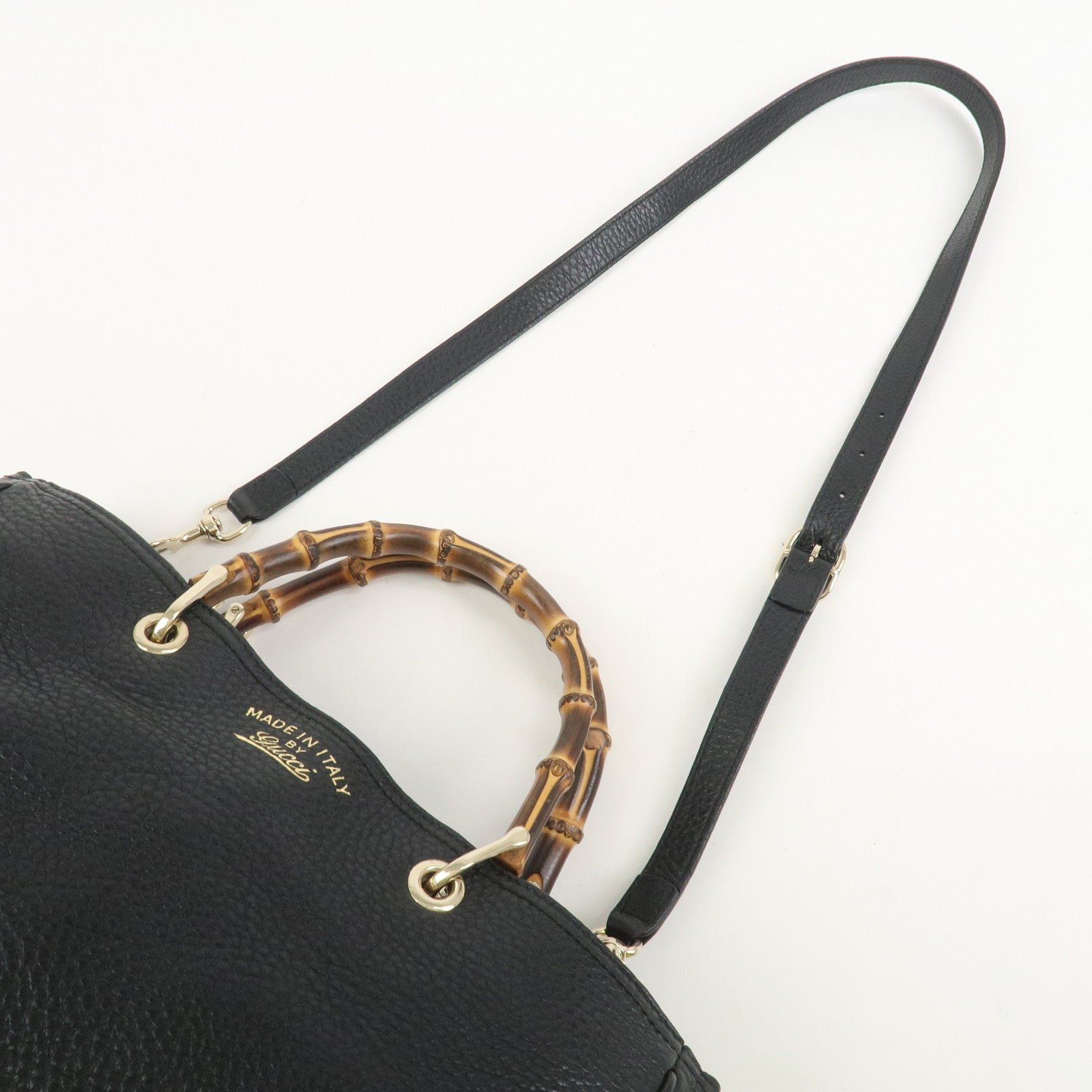 GUCCI Bamboo Shopper Medium Leather 2Way Shoulder Bag Black 323660