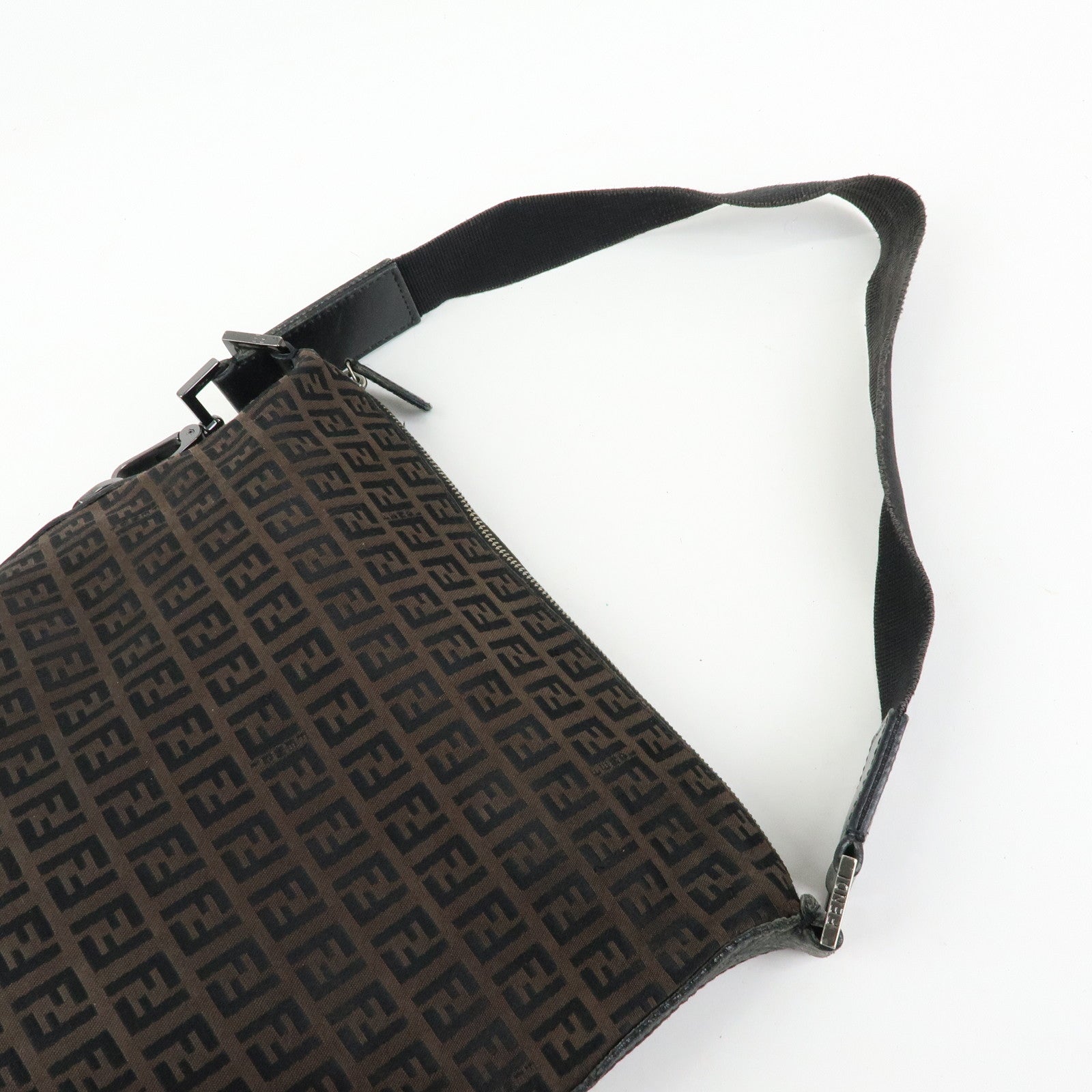 FENDI Zucchino Canvas Leather Shoulder Bag Brown Black 7VA004