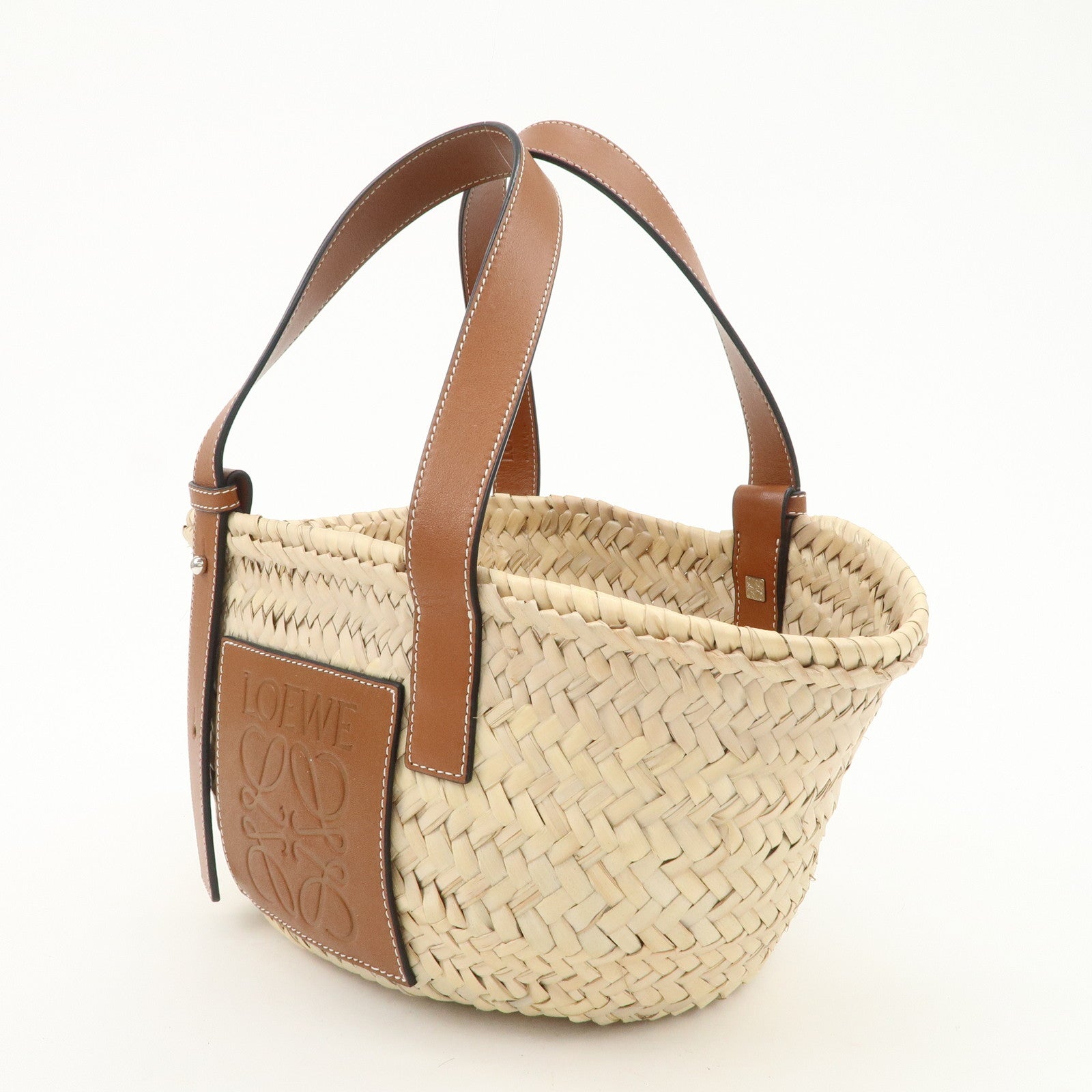 LOEWE Anagram Raffia Leather Basket Bag Hand Bag Natural Brown 2435