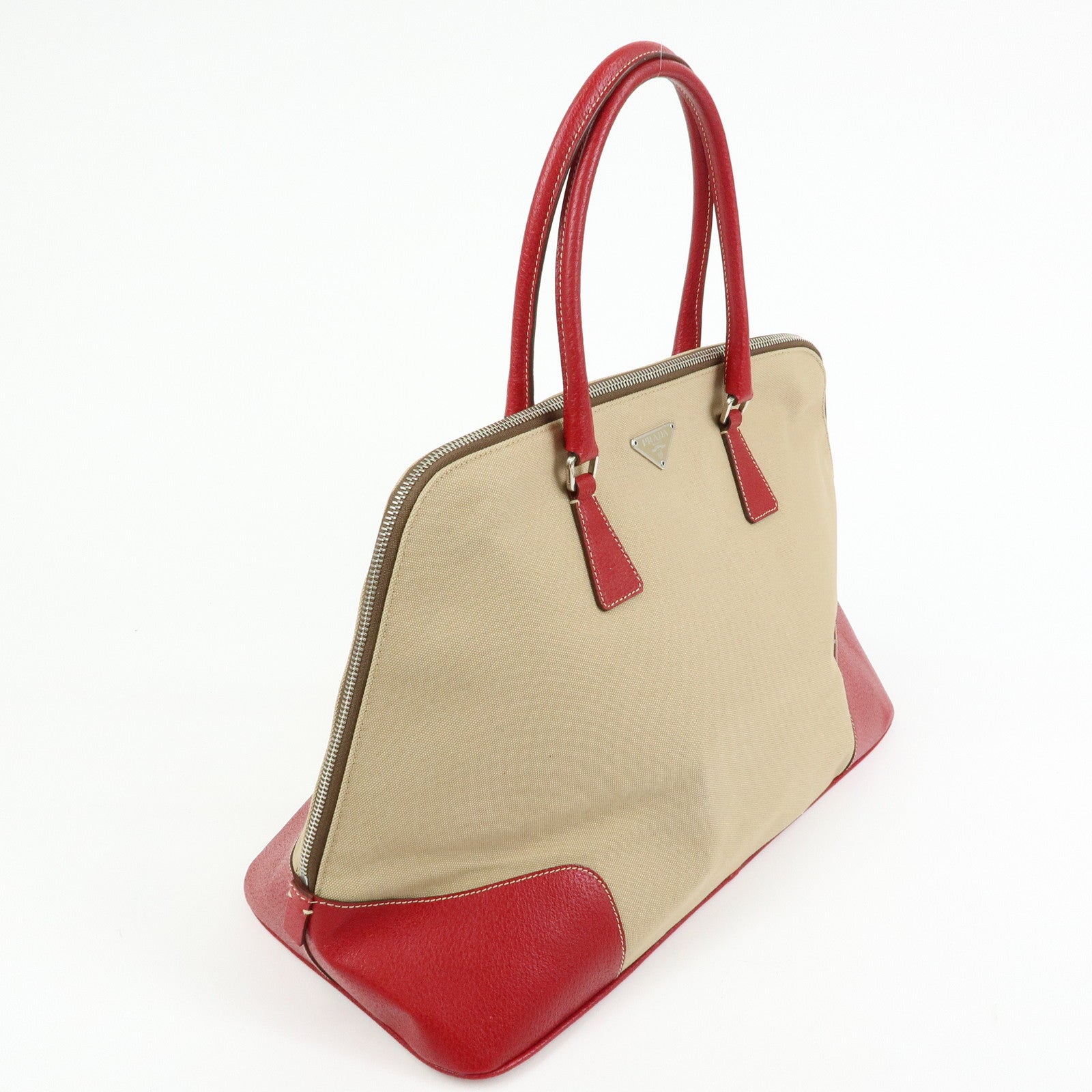 PRADA Triangle Logo Canvas Leather Hand Bag Beige Red