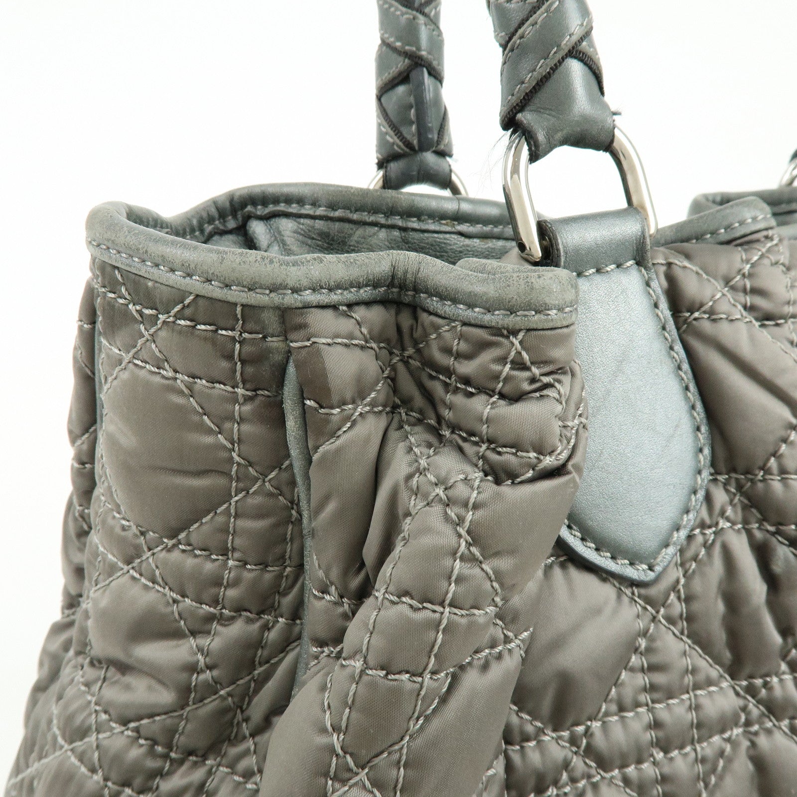 Christian Dior Cannage Nylon Leather Tote Bag Shoulder Bag Gray