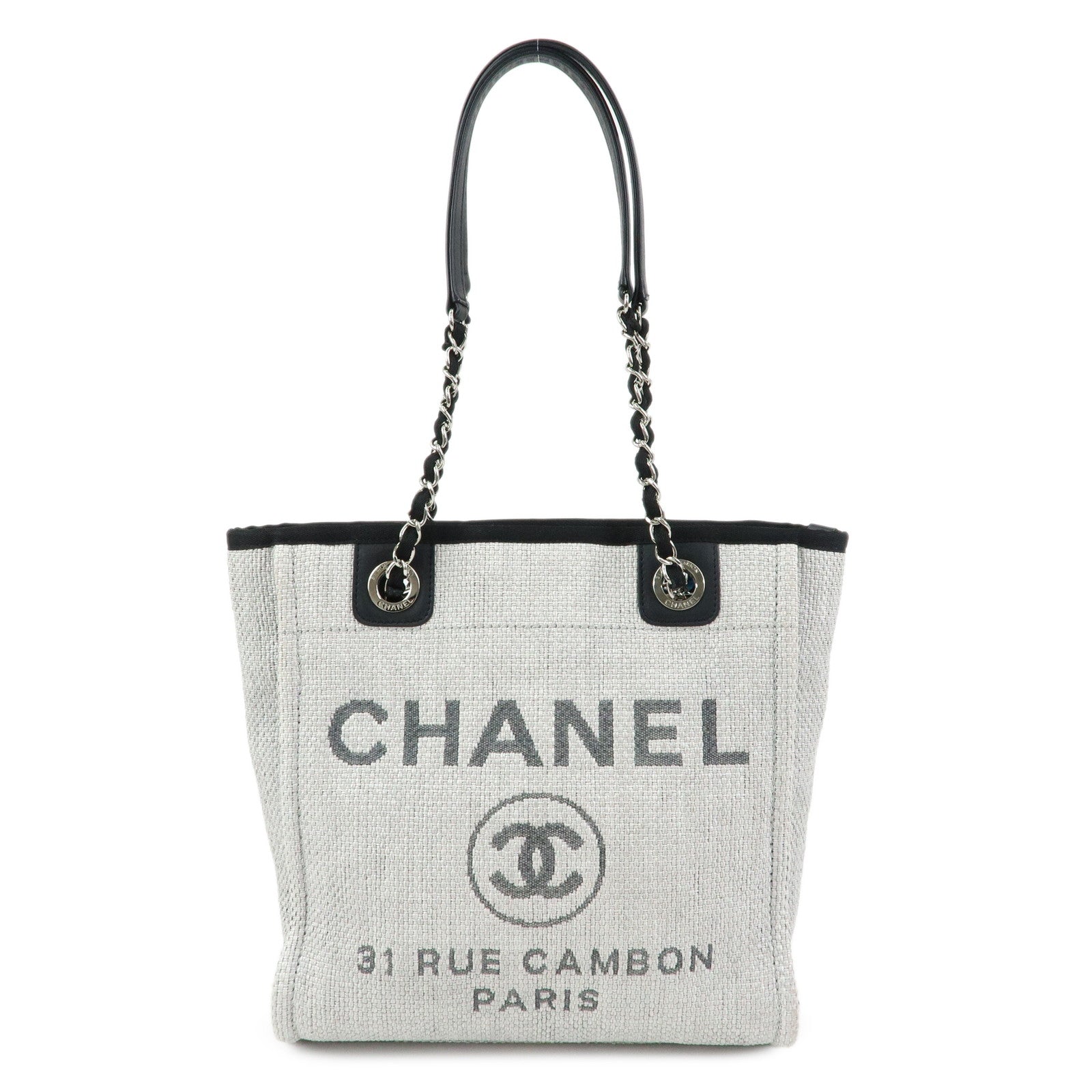 CHANEL Deauville PM Raffia Calf Leather Chain Tote Bag Black A66939