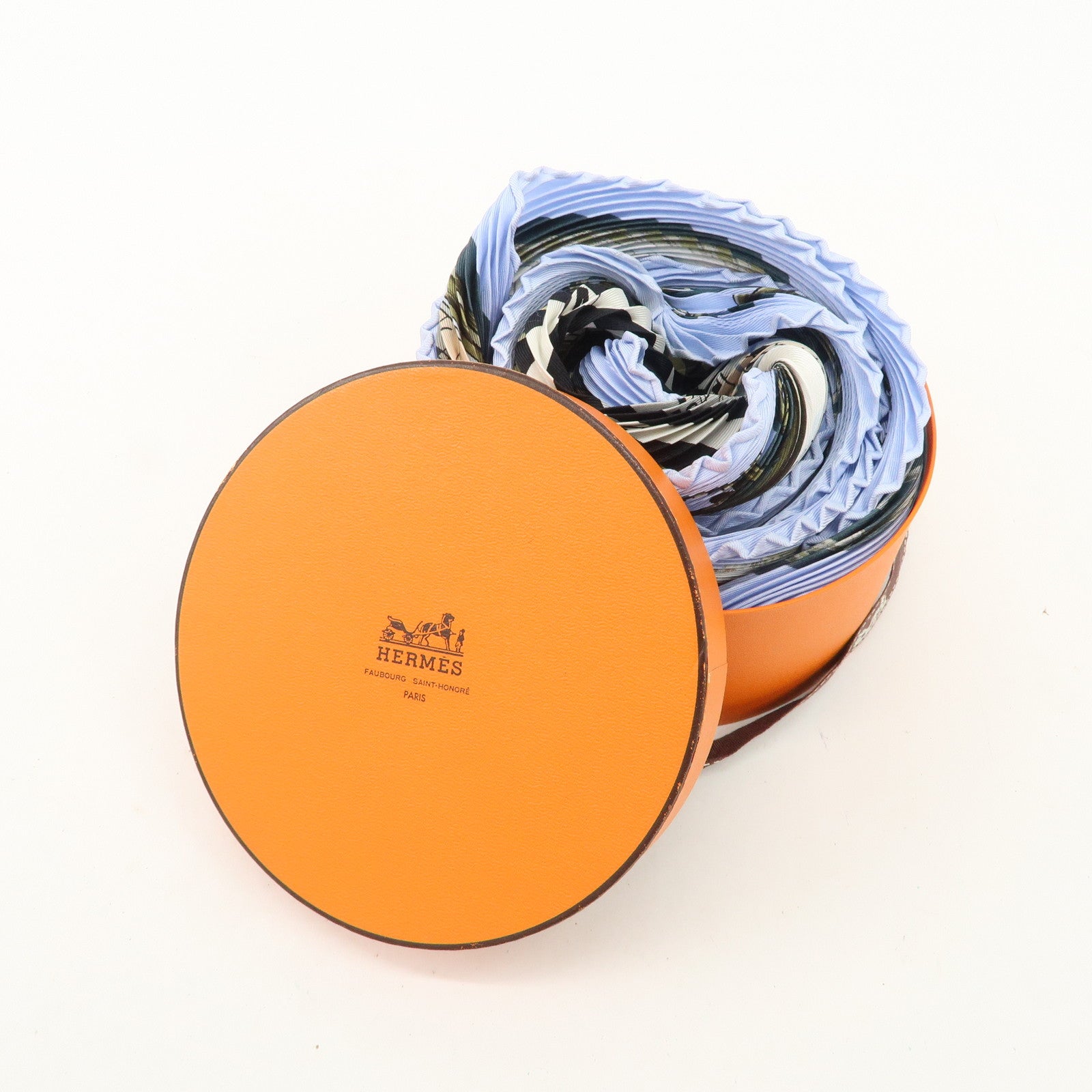 HERMES Pleats Carre Silk 100% Scarf DIES ET HORE Blue Ivory Used