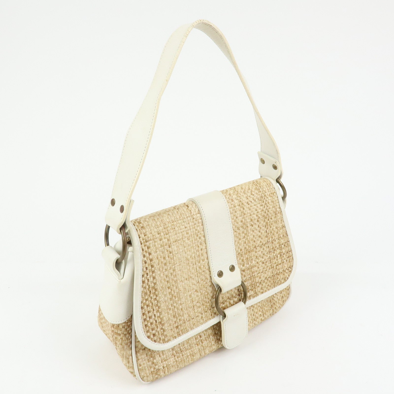 Chloe Raffia Leather Shoulder Bag Hand Bag Natural White