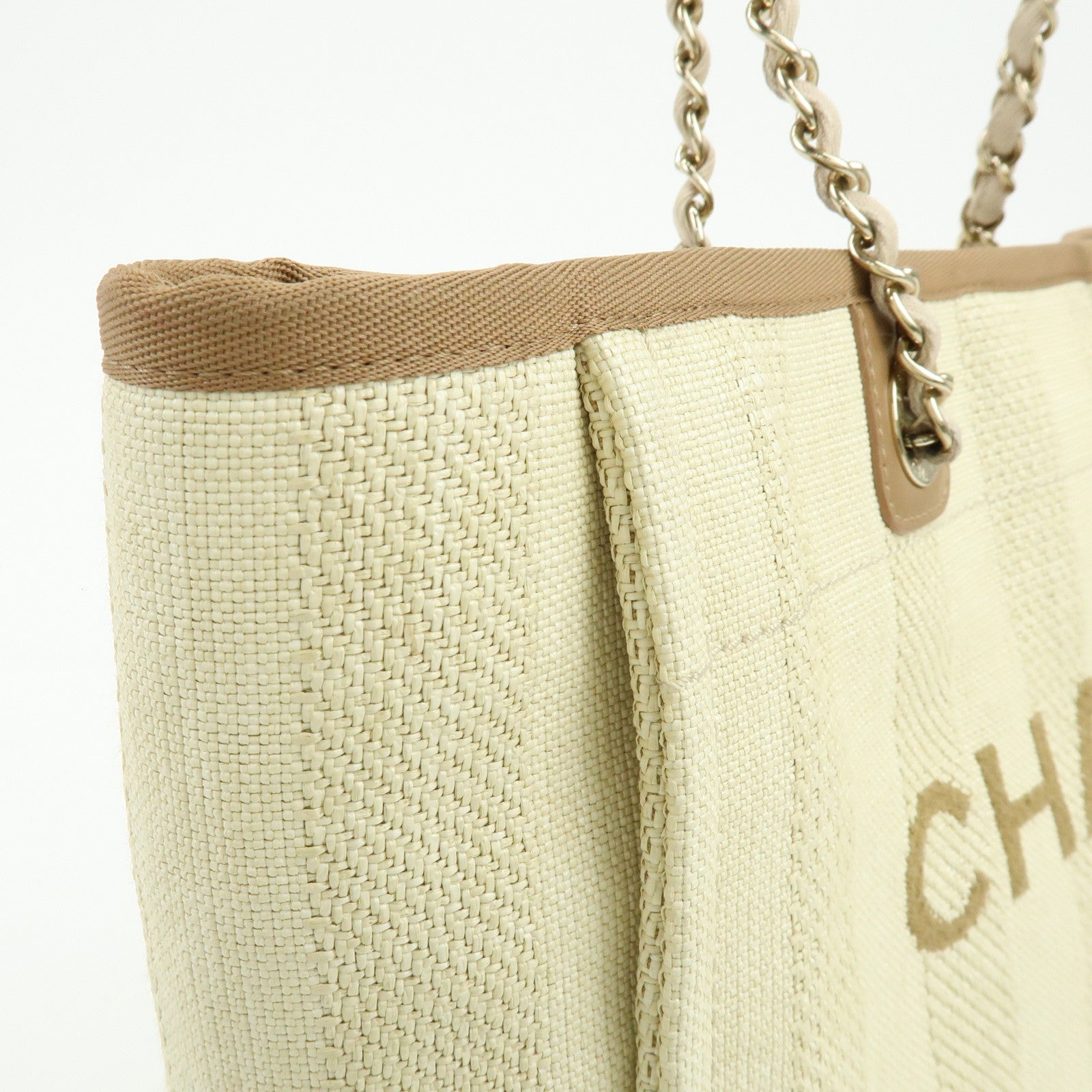 CHANEL Deauville MM Straw Leather Tote Shoulder Bag Beige A67001