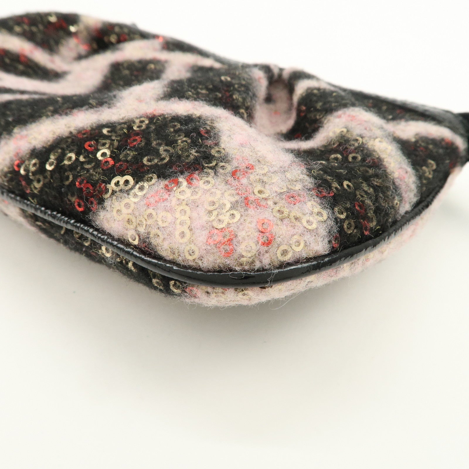 FENDI Wool Flip Sequin Leather Chain Bag Pouch Black Pink 8BR594