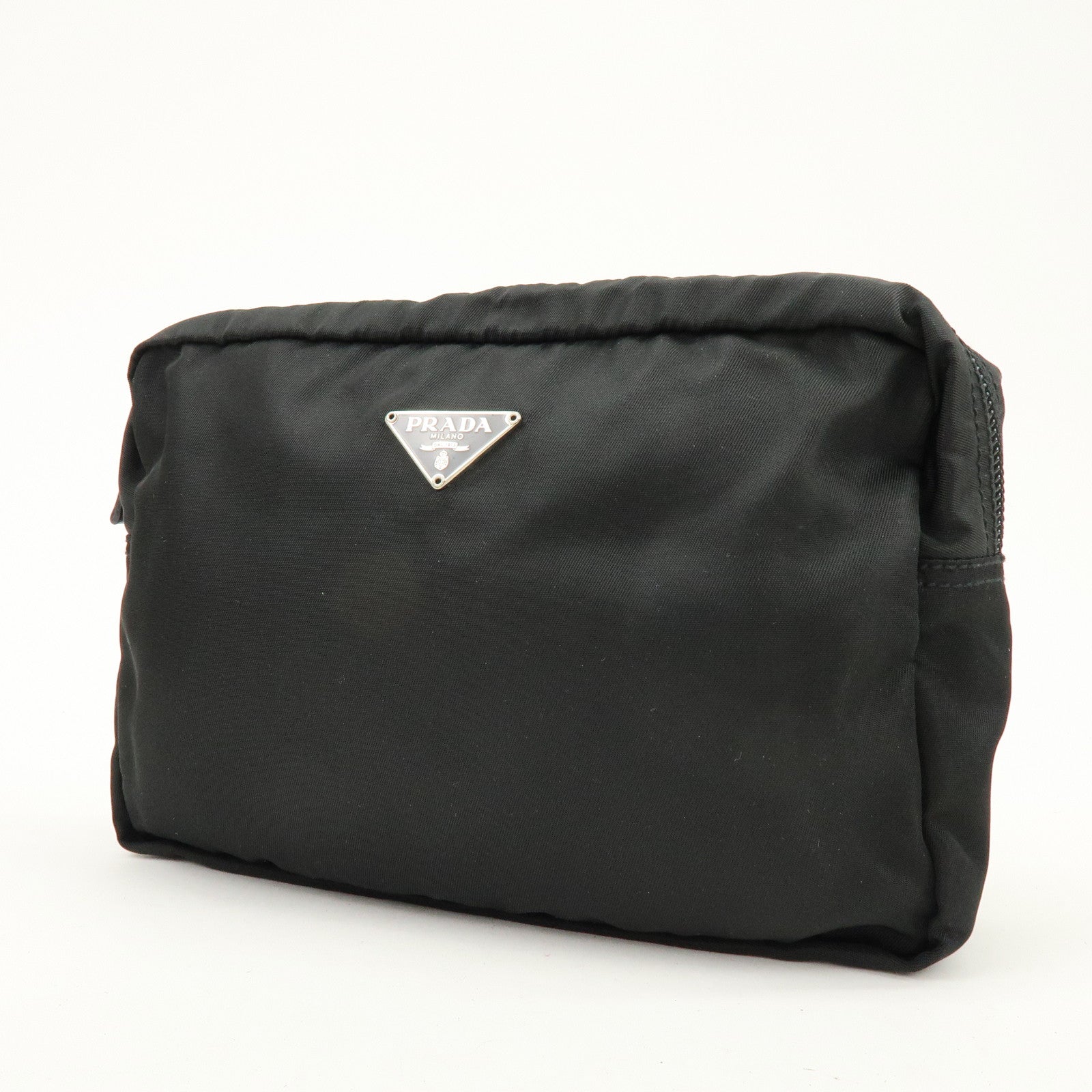 PRADA Triangle Logo Nylon Pouch Cosmetic Case Black