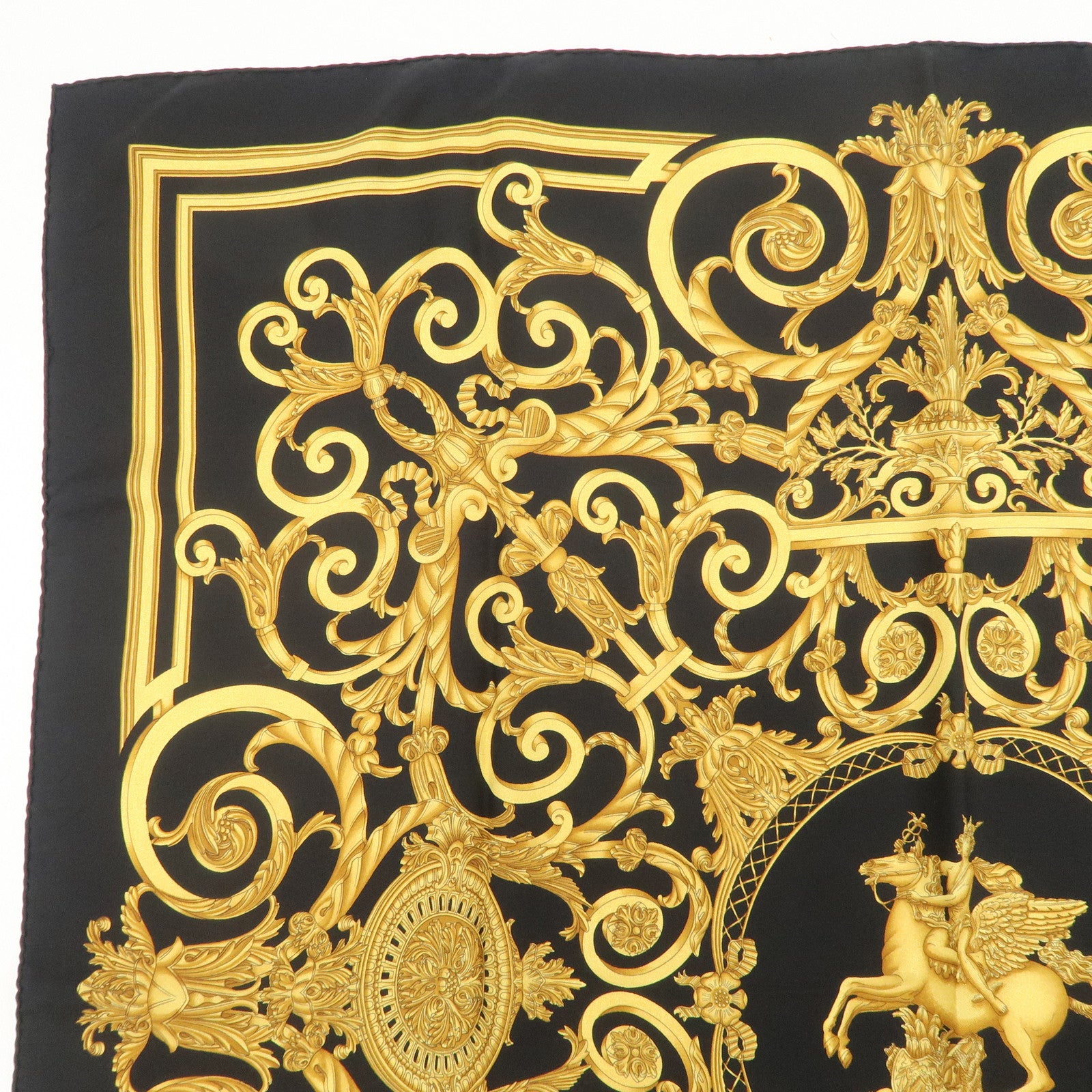 HERMES Carre 90 Silk 100% LES TUILERIES Scarf Black Gold