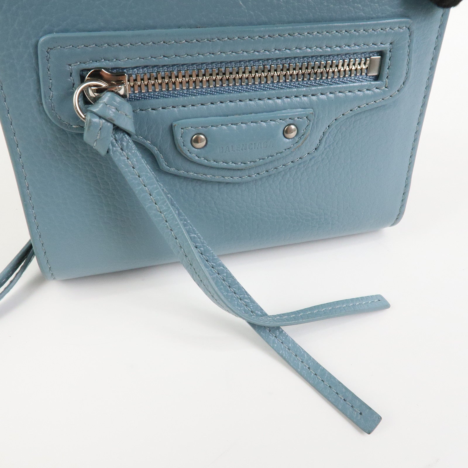 BALENCIAGA Leather Bi-Fold Compact Wallet Light Blue